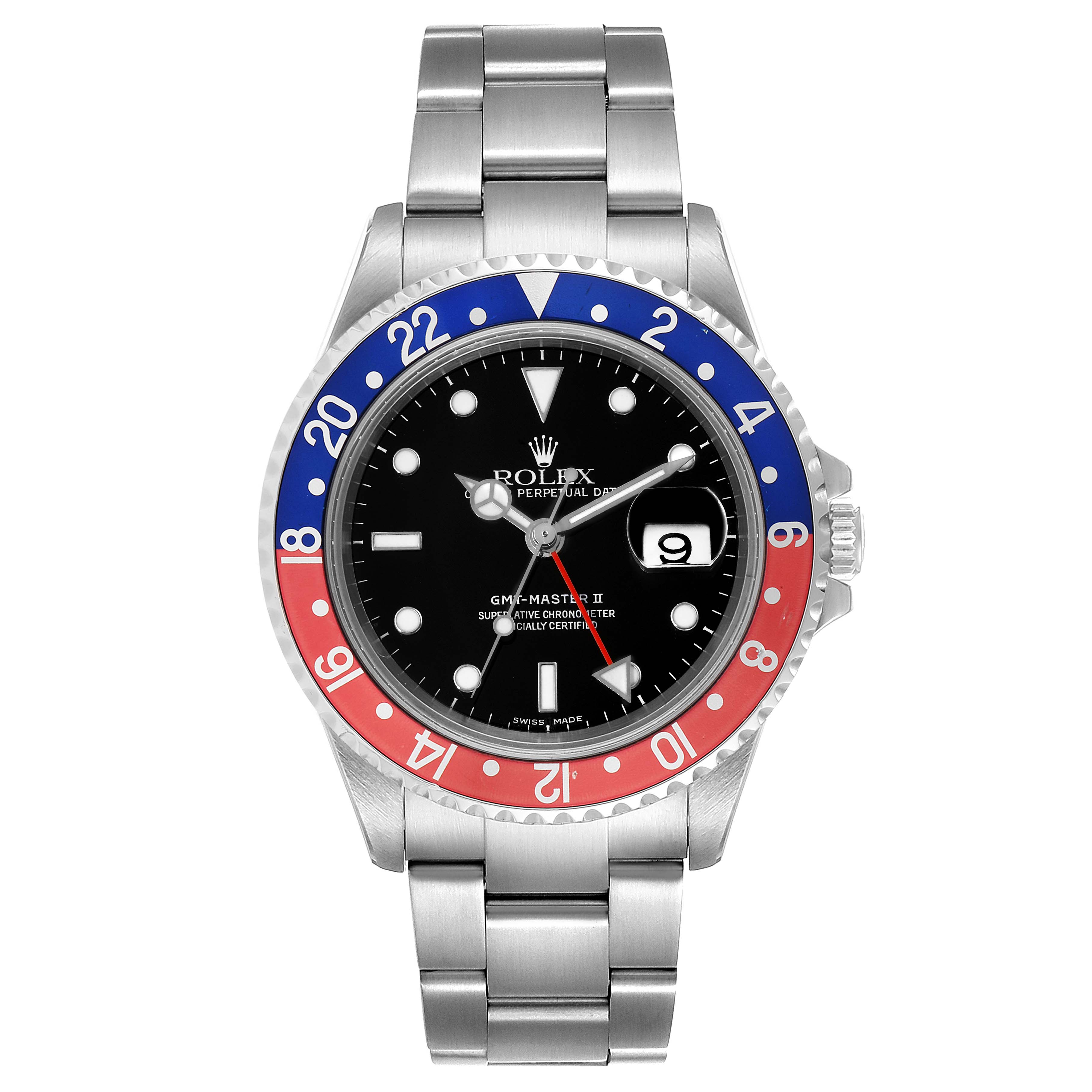 This image shows a front view of a Rolex GMT-Master 16710 Men's Stainless Steel Black Dial 16710 Men's Stainless Steel Black Dial II watch with a 'Pepsi' bezel and a stainless-steel bracelet.
