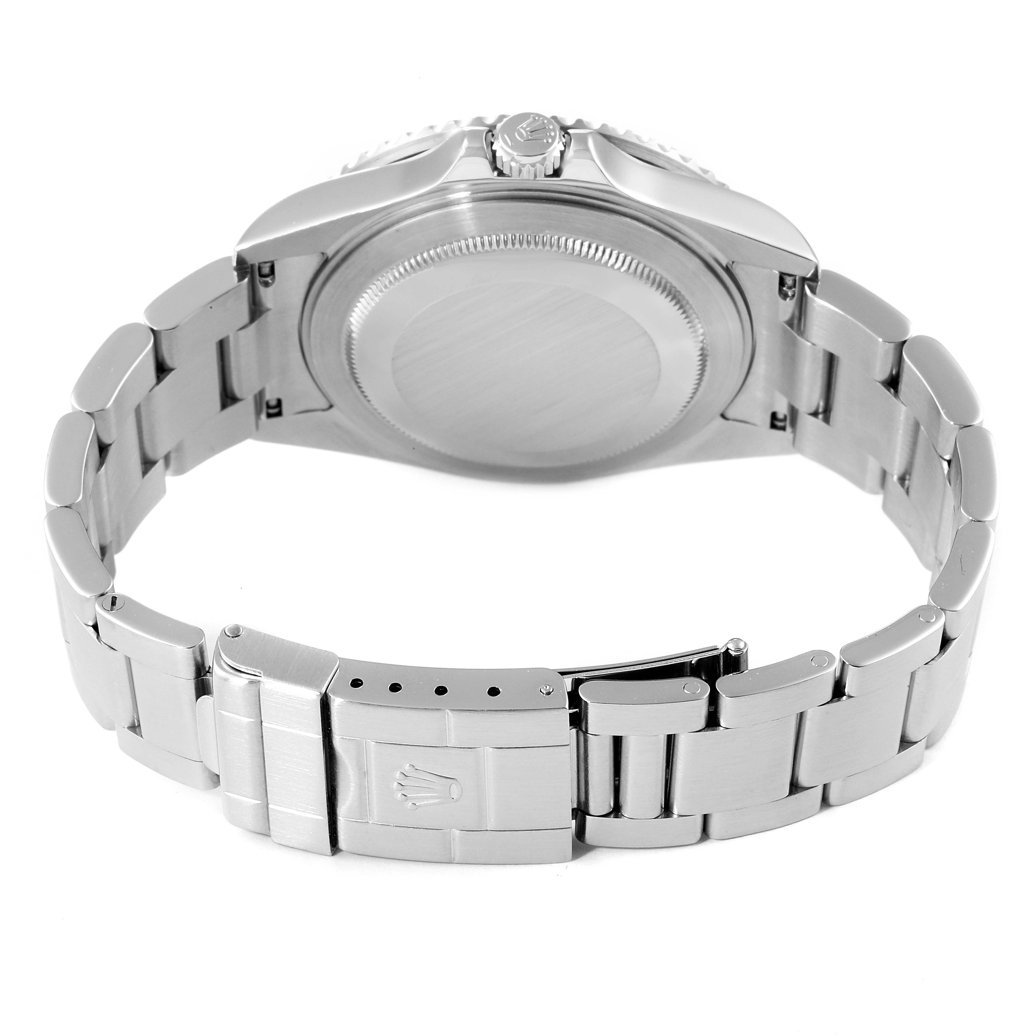 This image shows the back view of a Rolex GMT-Master 16710 Men's Stainless Steel Black Dial 16710 Men's Stainless Steel Black Dial watch, highlighting the stainless steel case, caseback, and bracelet with the clasp open.