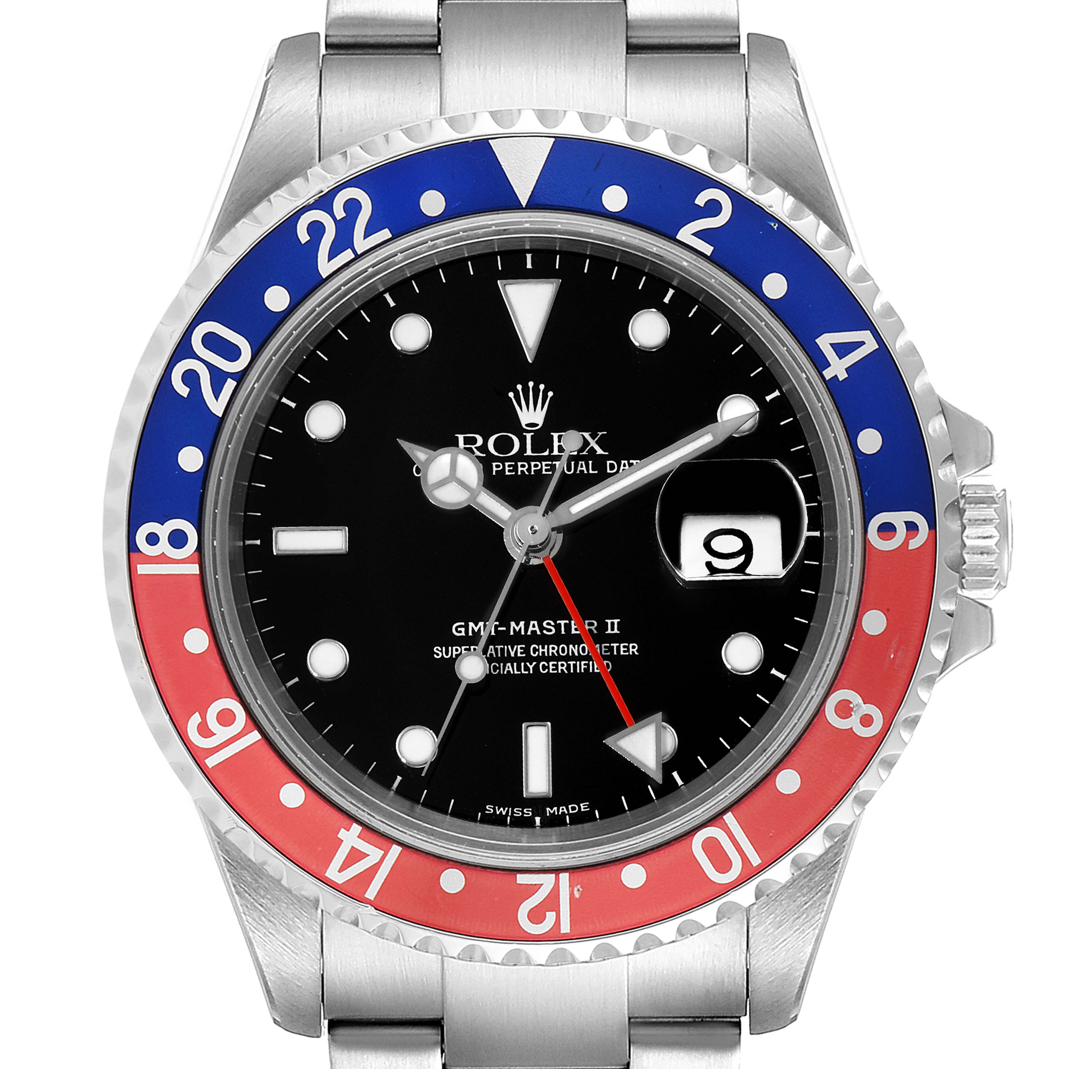 The image shows a Rolex GMT-Master 16710 Men's Stainless Steel Black Dial 16710 Men's Stainless Steel Black Dial II watch from the front, highlighting the bezel, dial, hands, and date window.