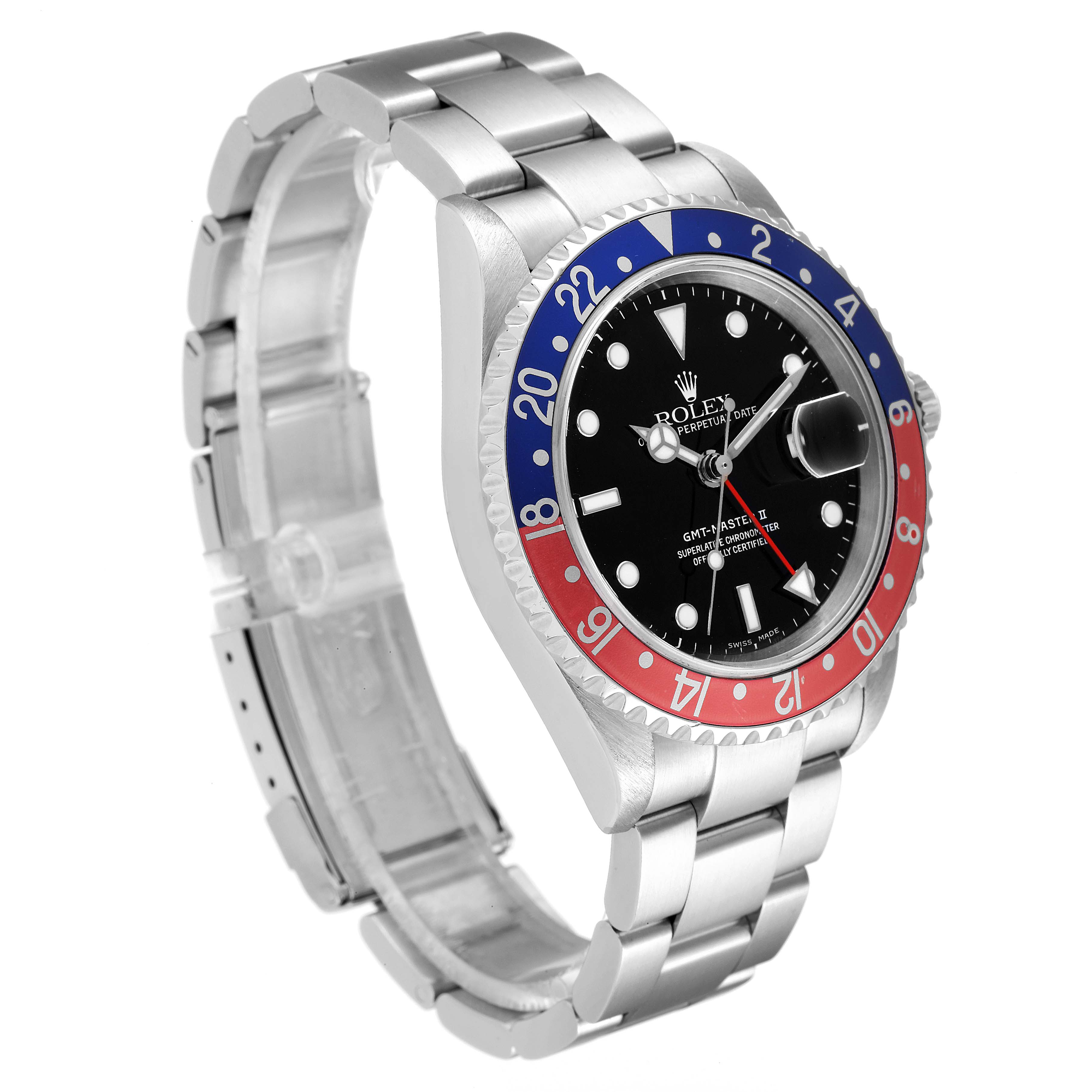 This image shows a Rolex GMT-Master 16710 Men's Stainless Steel Black Dial 16710 Men's Stainless Steel Black Dial watch at a three-quarter angle, displaying the face, bezel, crown, and part of the bracelet.