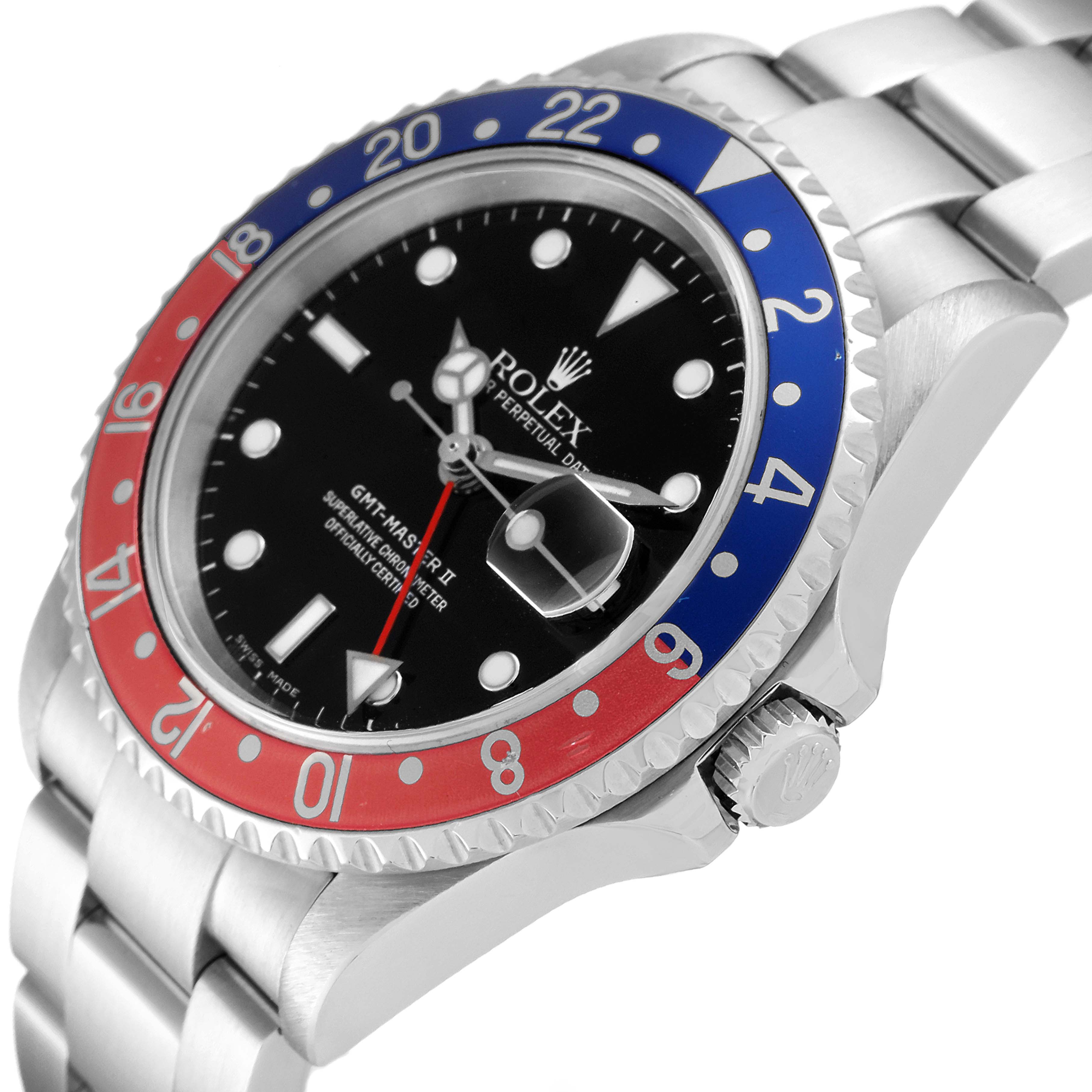 The image shows a close-up angle of the face, crown, and part of the bracelet of a Rolex GMT-Master 16710 Men's Stainless Steel Black Dial 16710 Men's Stainless Steel Black Dial watch.