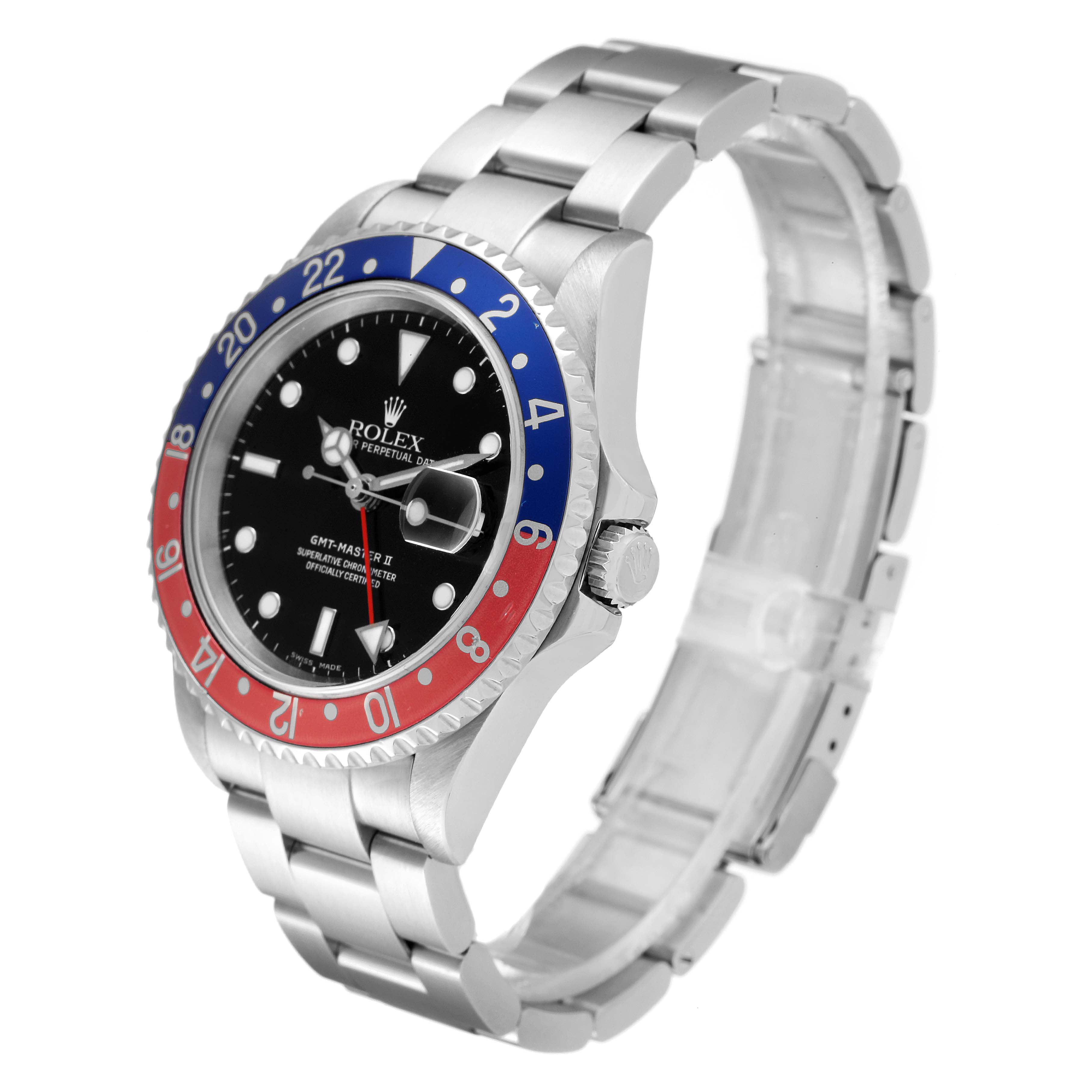 The image shows a Rolex GMT-Master 16710 Men's Stainless Steel Black Dial 16710 Men's Stainless Steel Black Dial watch at a 3/4 angle, displaying the face, bezel, and bracelet.