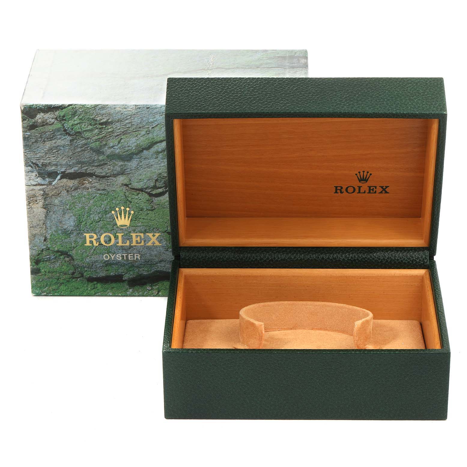 The image shows an open Rolex GMT-Master 16710 Men's Stainless Steel Black Dial 16710 Men's Stainless Steel Black Dial watch box and its outer packaging, viewed from the front.