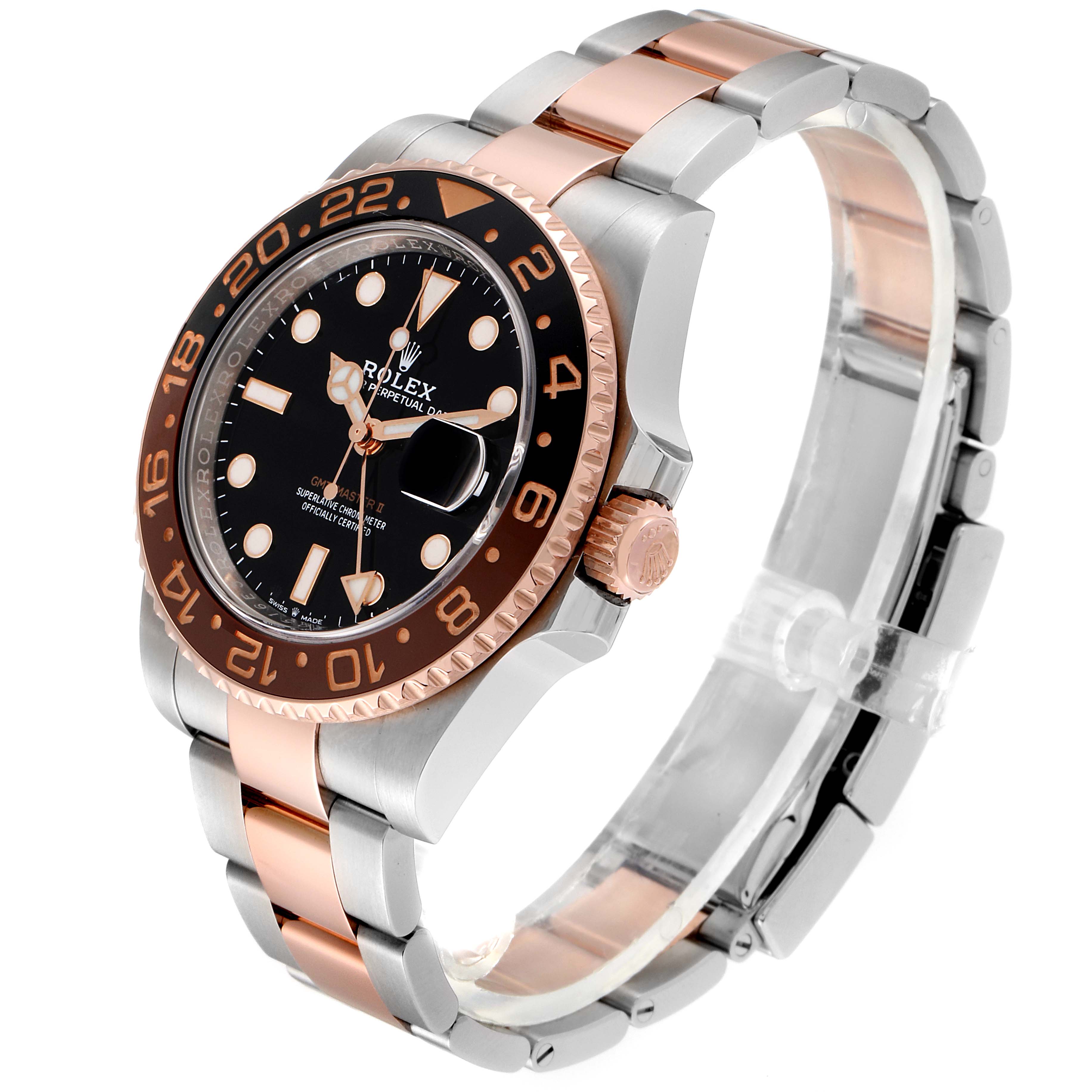 The image shows a side angle view of a Rolex GMT-Master 126711 Men's Steel and Gold (two tone) Black Dial 126711 Men's Steel and Gold (two tone) Black Dial watch, highlighting the bezel, dial, crown, and bracelet.