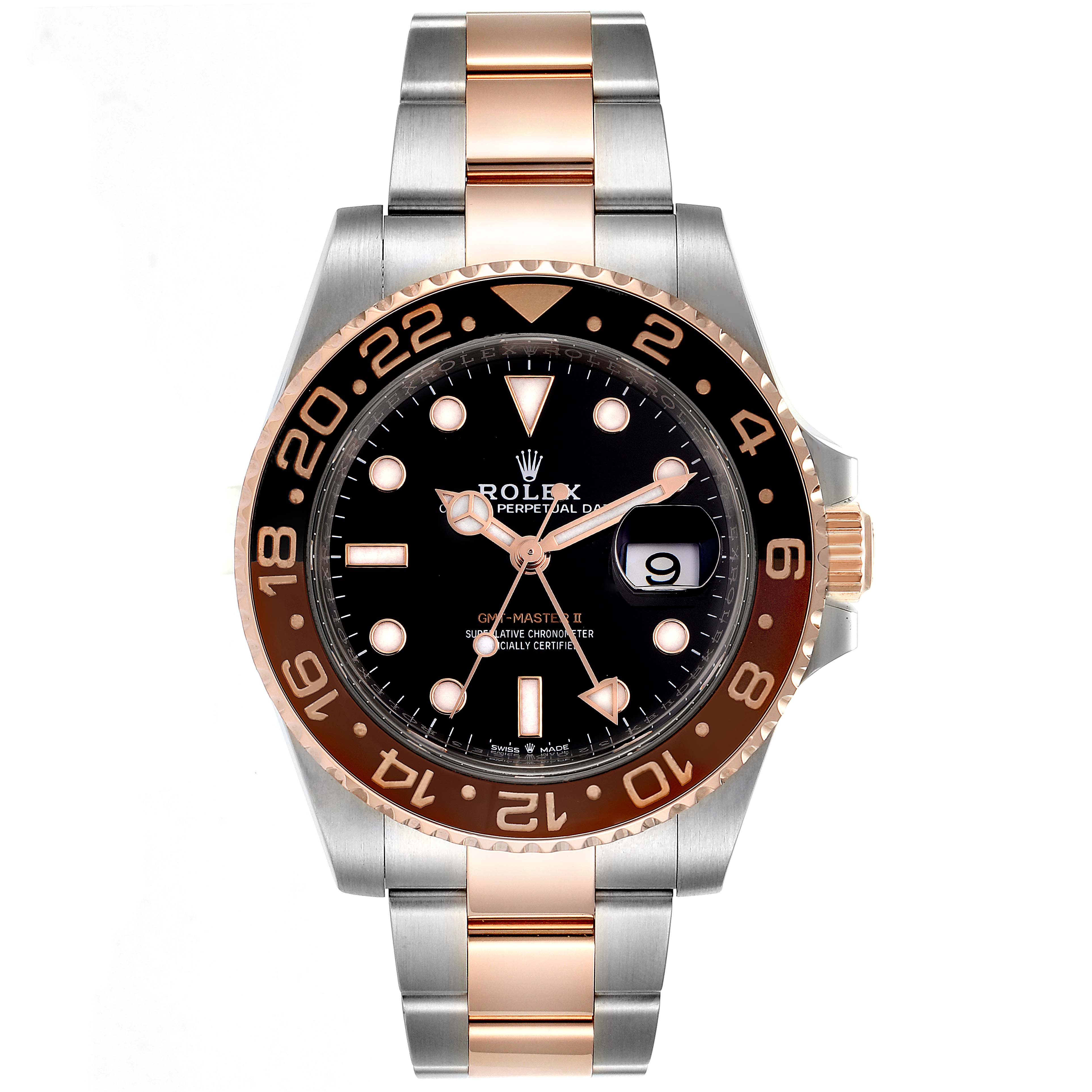 The Rolex GMT-Master 126711 Men's Steel and Gold (two tone) Black Dial 126711 Men's Steel and Gold (two tone) Black Dial watch is shown from a front angle, displaying the dial, bezel, and bracelet.