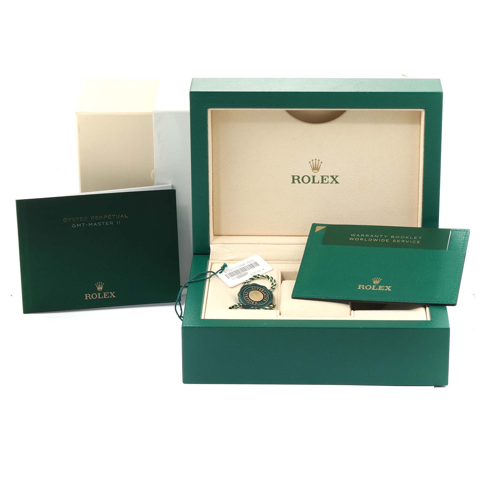 The image shows the packaging and accessories of a Rolex GMT-Master 126711 Men's Steel and Gold (two tone) Black Dial 126711 Men's Steel and Gold (two tone) Black Dial, including the box, warranty booklet, and tags.