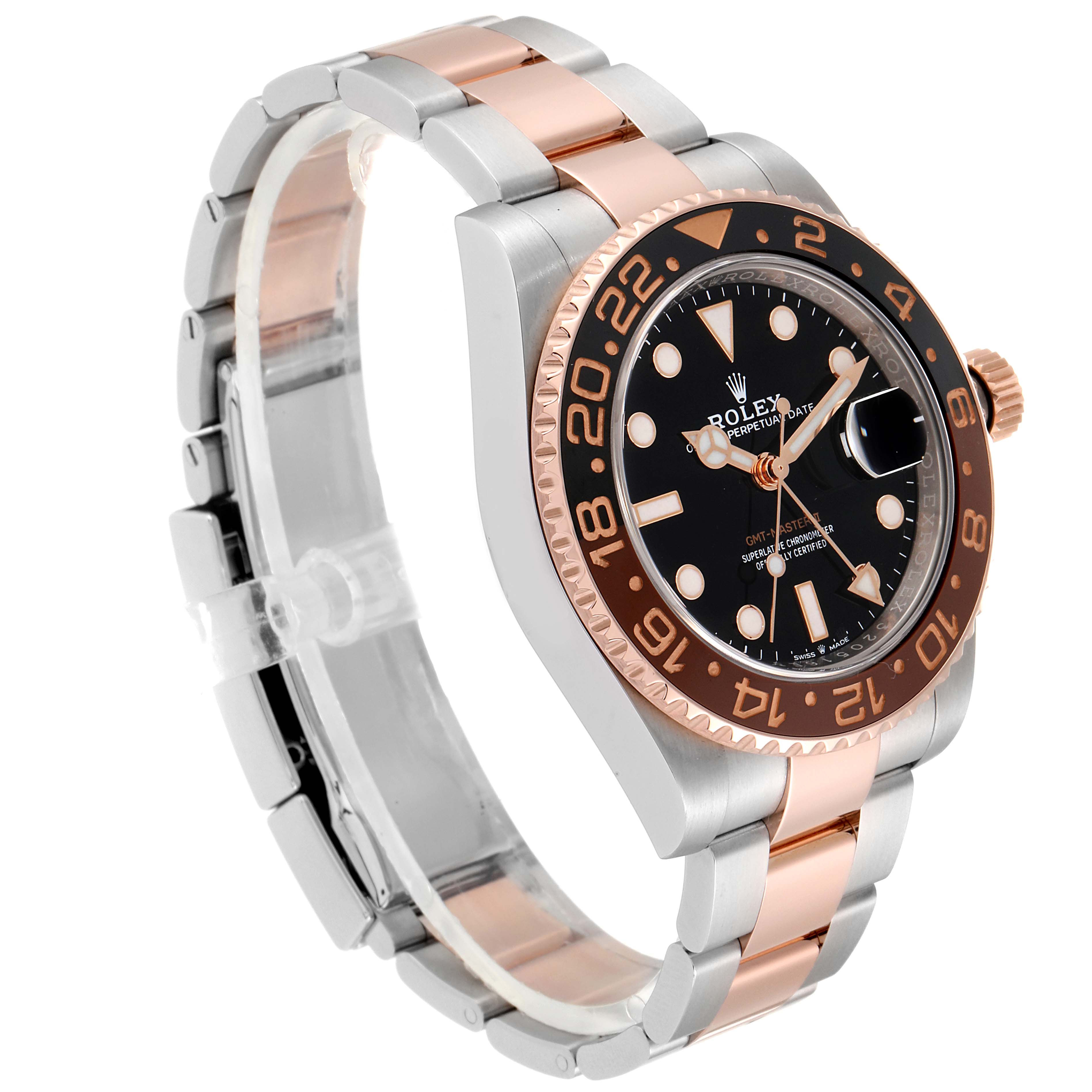 The Rolex GMT-Master 126711 Men's Steel and Gold (two tone) Black Dial 126711 Men's Steel and Gold (two tone) Black Dial watch is shown at an angle displaying its face, bezel, crown, and two-tone bracelet.