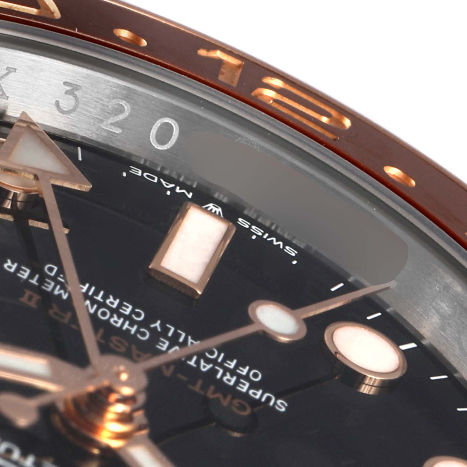 The image shows a close-up of the Rolex GMT-Master 126711 Men's Steel and Gold (two tone) Black Dial 126711 Men's Steel and Gold (two tone) Black Dial watch face, focusing on the hands, markers, and part of the bezel.