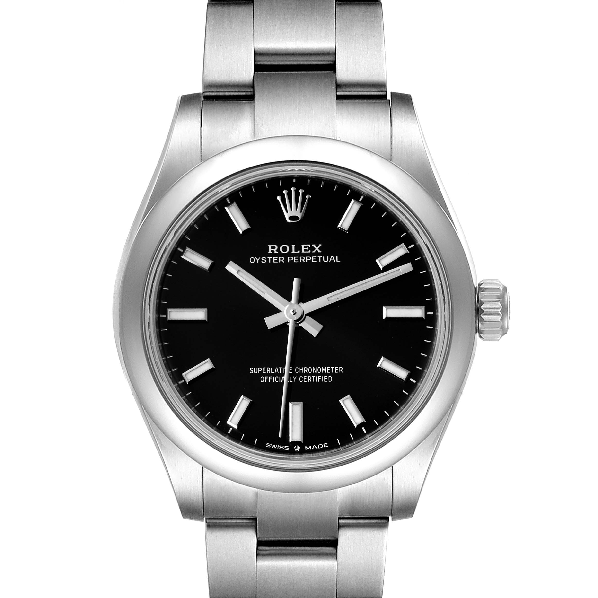 The image shows a front view of the Rolex Oyster Perpetual Mid-Size watch, highlighting its black dial, stainless steel case, and bracelet.