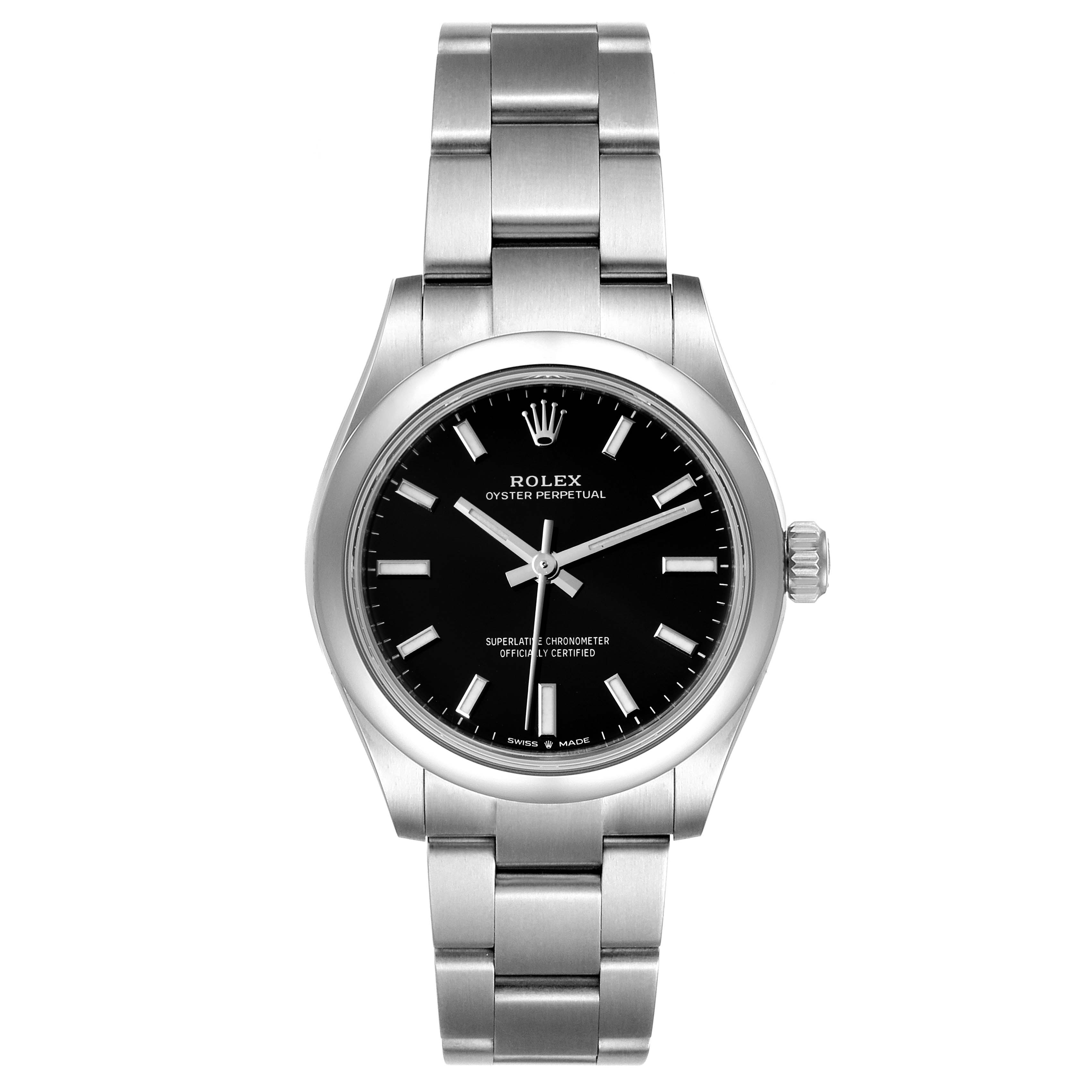 This image shows a front view of a Rolex Oyster Perpetual Mid-Size watch with a black dial and silver bracelet.