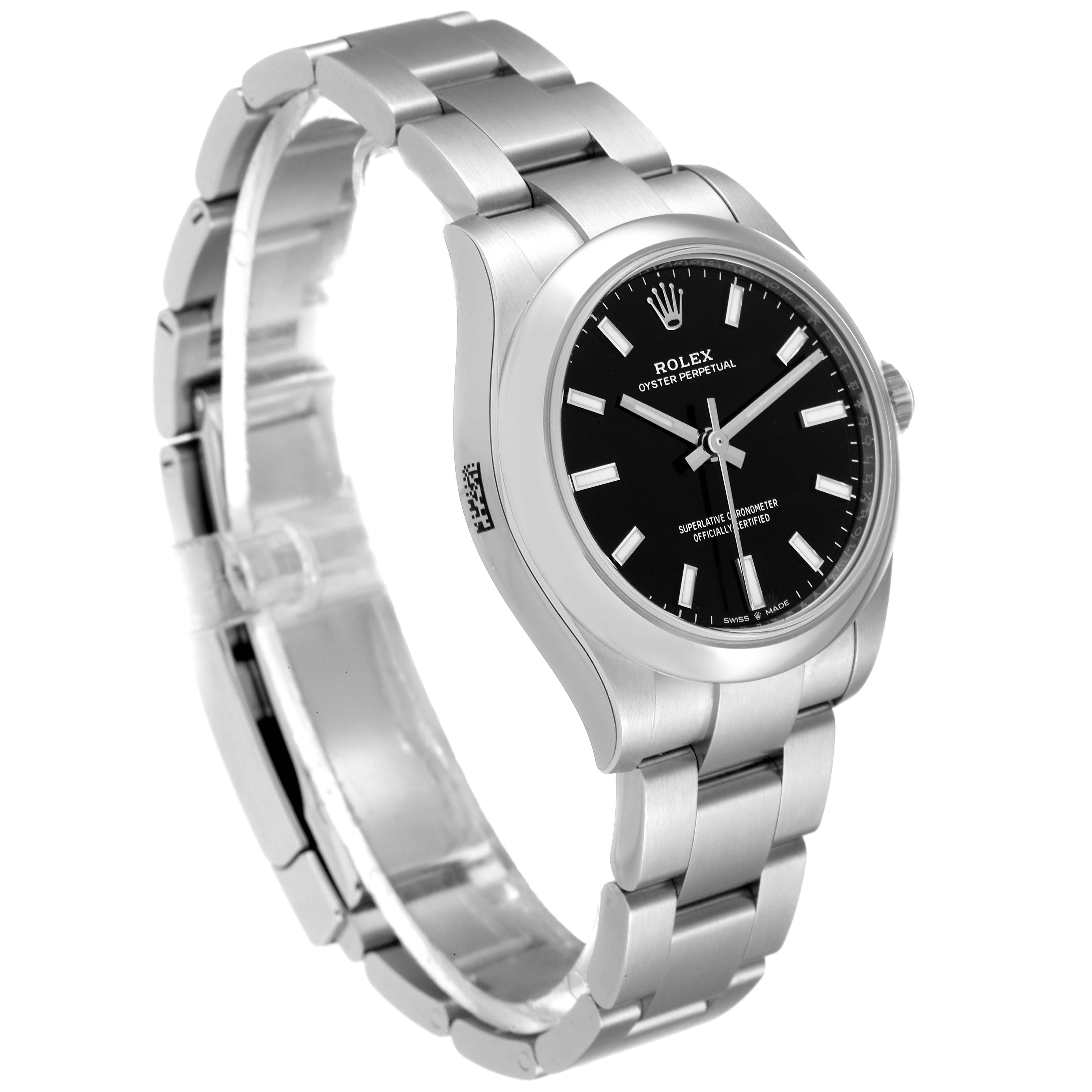 The Rolex Mid-Size 277200 Women
s Stainless Steel Black Dial 277200 Women
s Stainless Steel Black Dial watch is shown in a side angle, showcasing the black dial, stainless steel bracelet, and clasp.