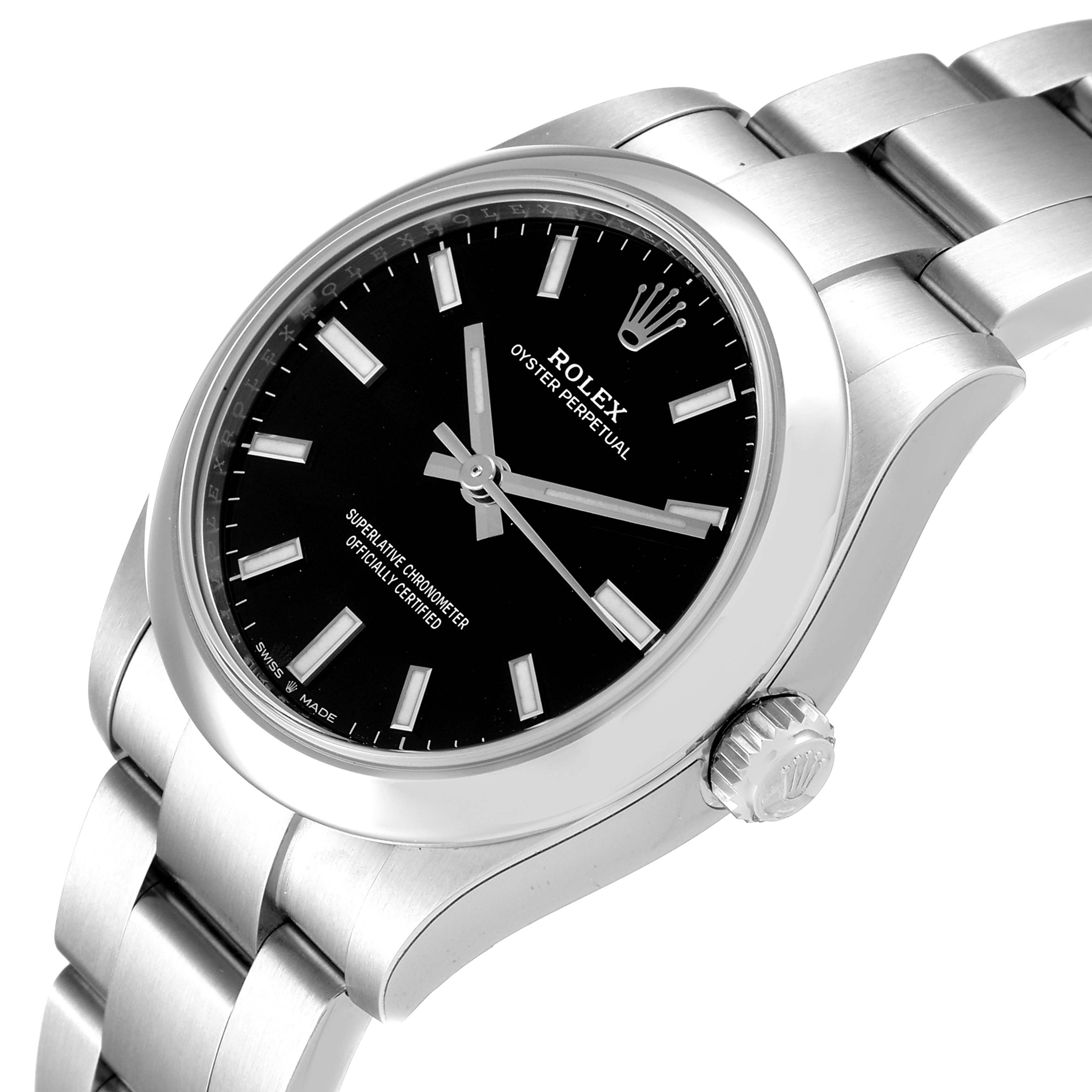 This image shows a close-up angle of the face, bezel, crown, and bracelet of a Rolex Mid-Size 277200 Women
s Stainless Steel Black Dial 277200 Women
s Stainless Steel Black Dial Oyster Perpetual watch.