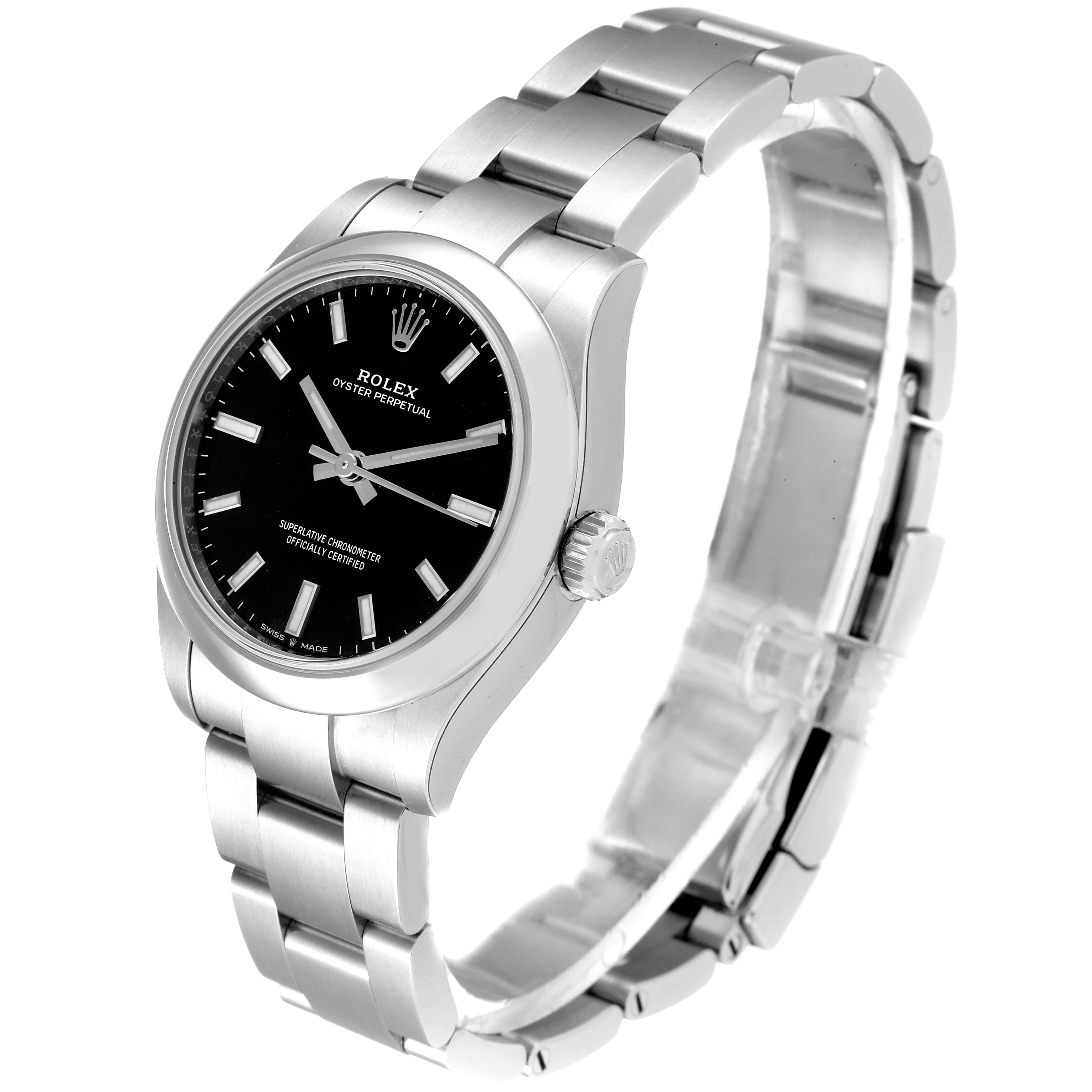 The Rolex Mid-Size 277200 Women
s Stainless Steel Black Dial 277200 Women
s Stainless Steel Black Dial model watch is shown from a right front angle with the face, band, and crown visible.