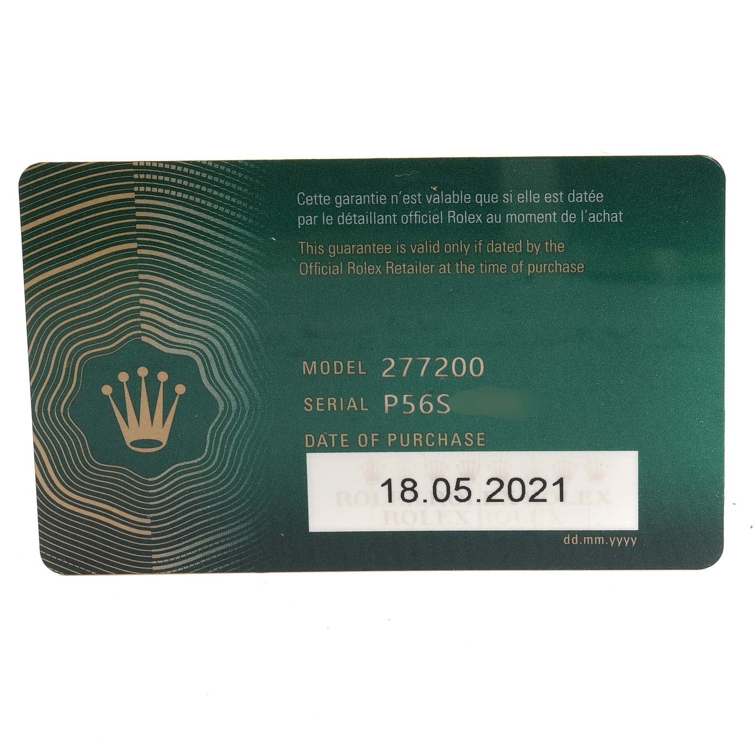 This image shows the warranty card for a Rolex Mid-Size 277200 Women
s Stainless Steel Black Dial 277200 Women
s Stainless Steel Black Dial model 277200, green with a purchase date of 18.05.2021.