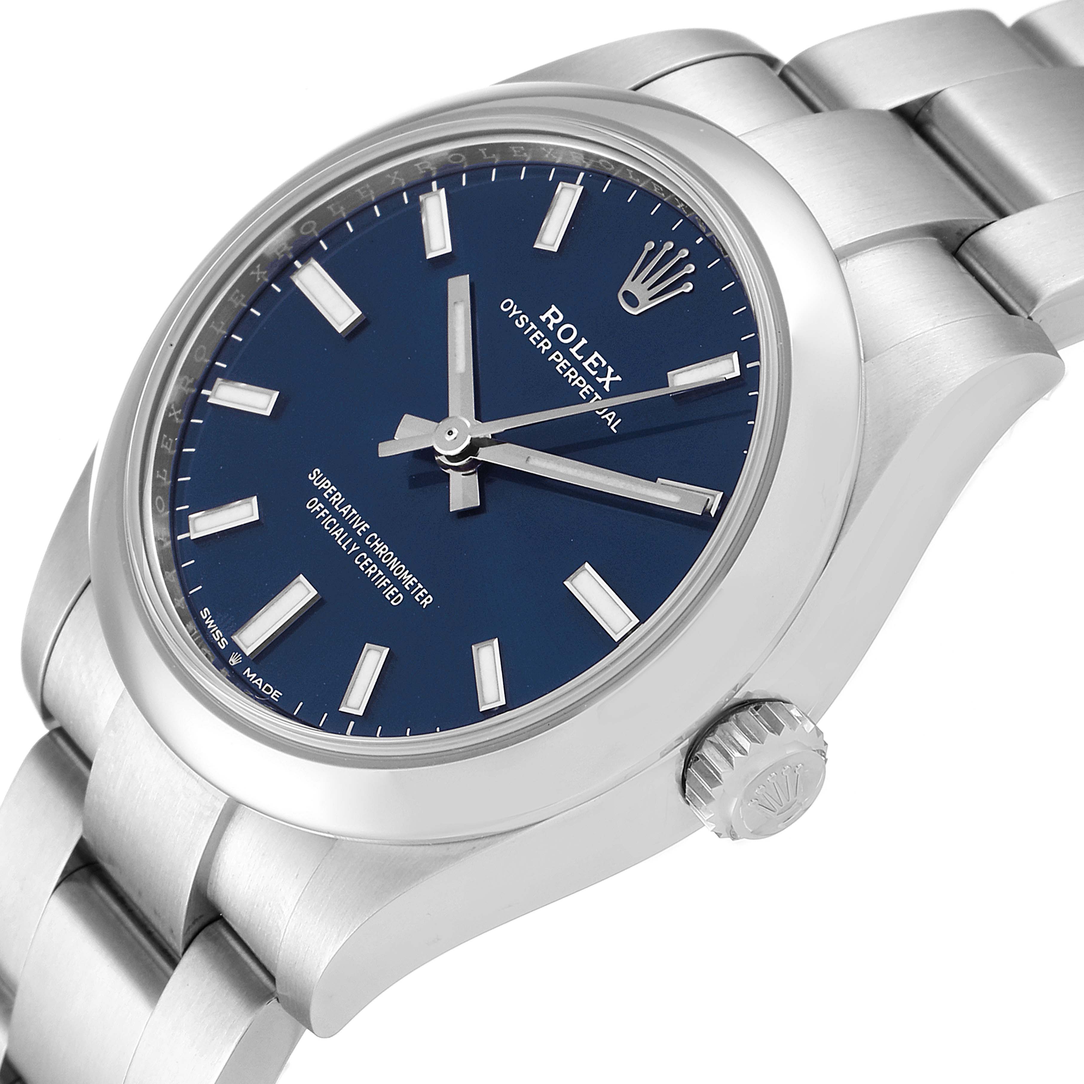 The image shows a side-angle view of a Rolex Oyster Perpetual Mid-Size watch, highlighting its blue dial, crown, and bracelet.