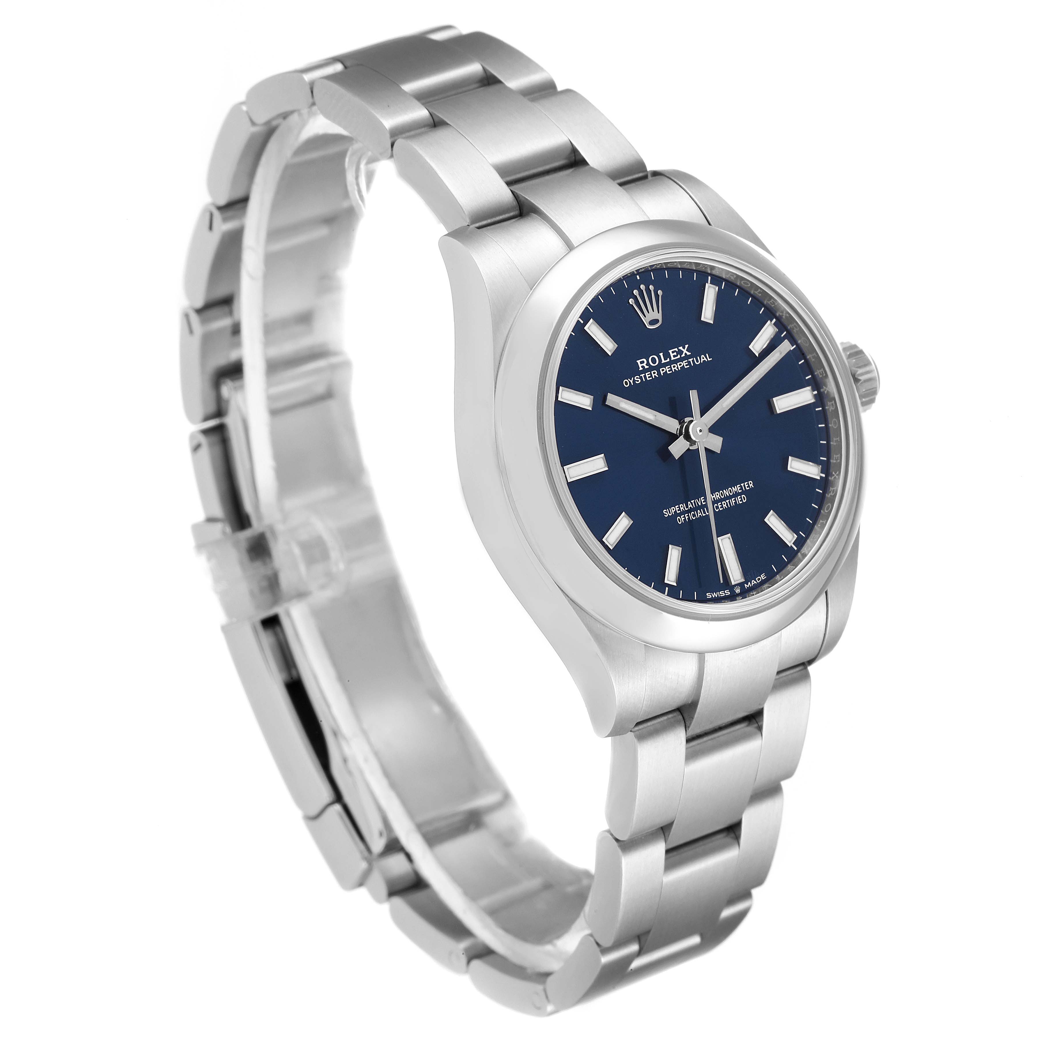 This image shows a side and front view of a Rolex Oyster Perpetual Mid-Size watch with a blue dial and stainless steel bracelet.