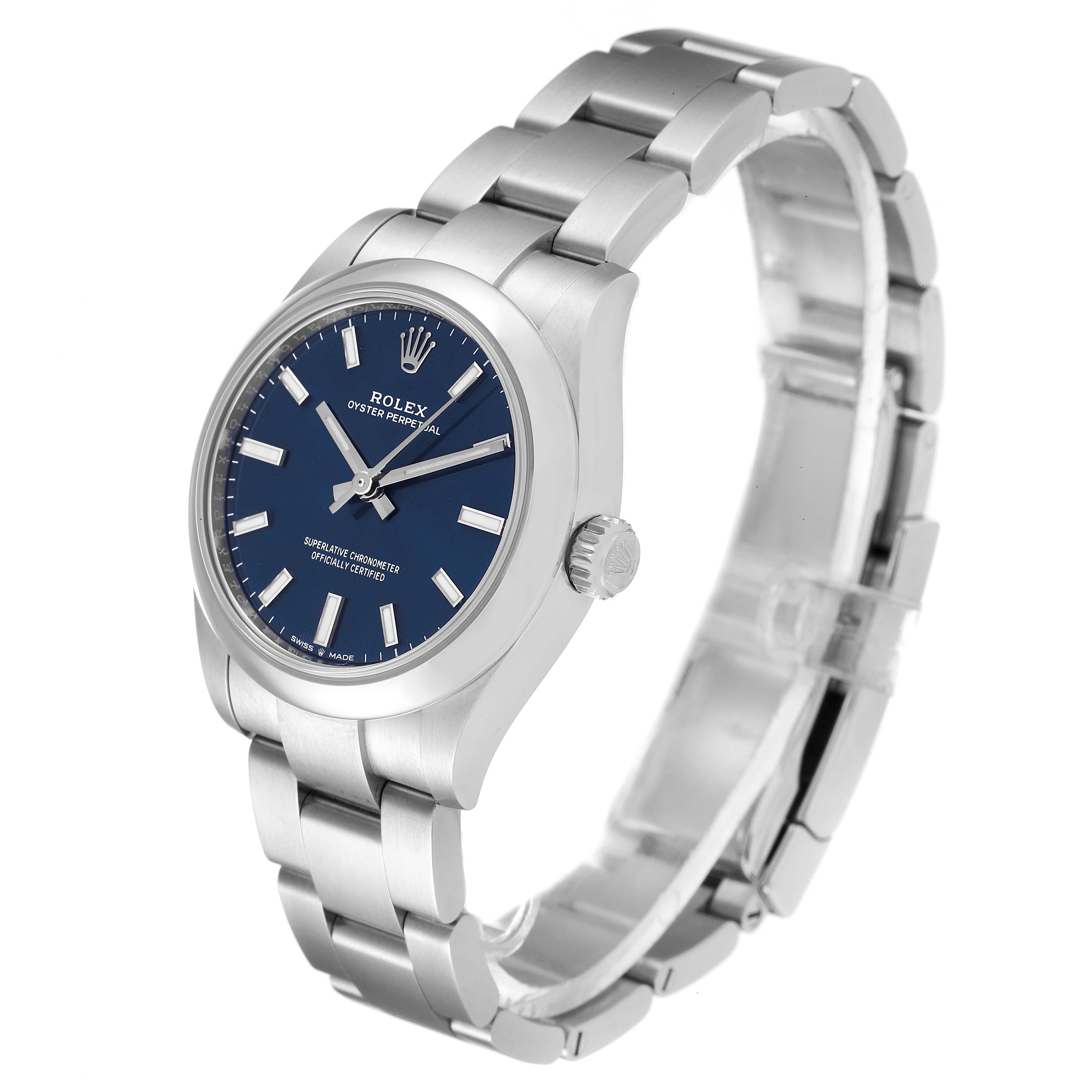 This image shows a side angle of a Rolex Mid-Size 277200 Women
s Stainless Steel Blue Dial 277200 Women
s Stainless Steel Blue Dial Oyster Perpetual watch, displaying its face, crown, and bracelet.