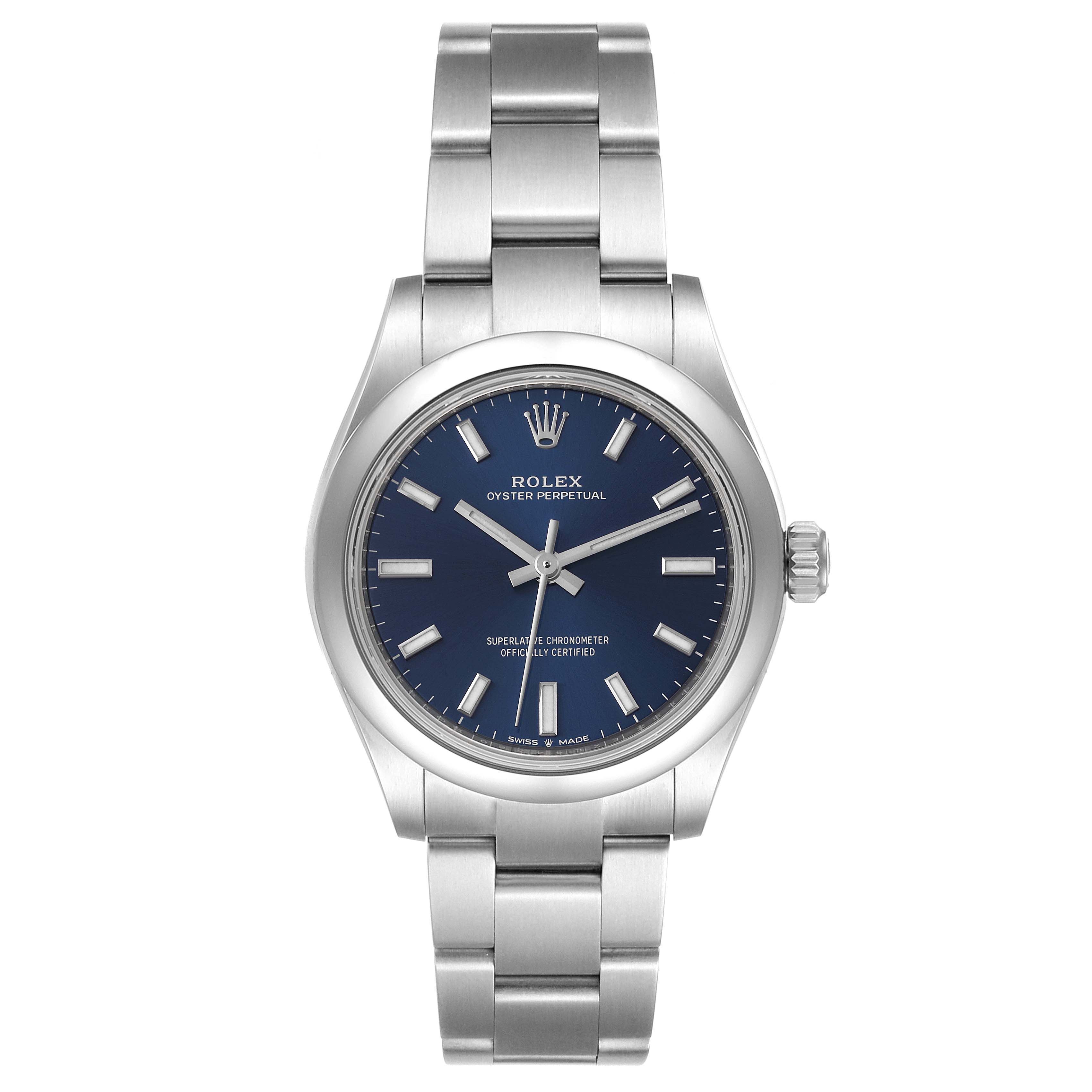 This image shows a frontal view of a Rolex Mid-Size 277200 Women
s Stainless Steel Blue Dial 277200 Women
s Stainless Steel Blue Dial Oyster Perpetual watch, highlighting the dial, bezel, and bracelet.