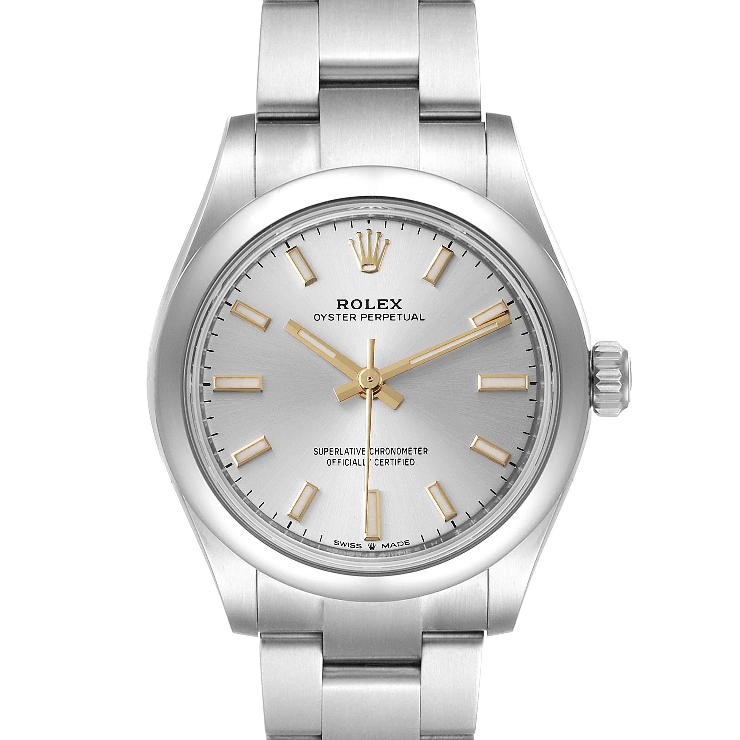 This image shows a front view of the Rolex Mid-Size 277200 Women
s Stainless Steel Silver Dial 277200 Women
s Stainless Steel Silver Dial Oyster Perpetual watch, displaying its dial, bezel, and bracelet.