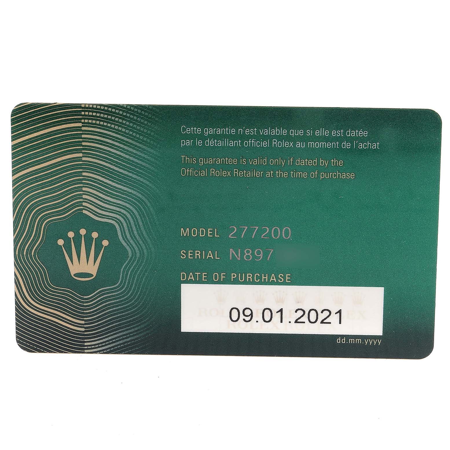 The image shows a warranty card for a Rolex Mid-Size 277200 Women
s Stainless Steel Silver Dial 277200 Women
s Stainless Steel Silver Dial model 277200 watch.