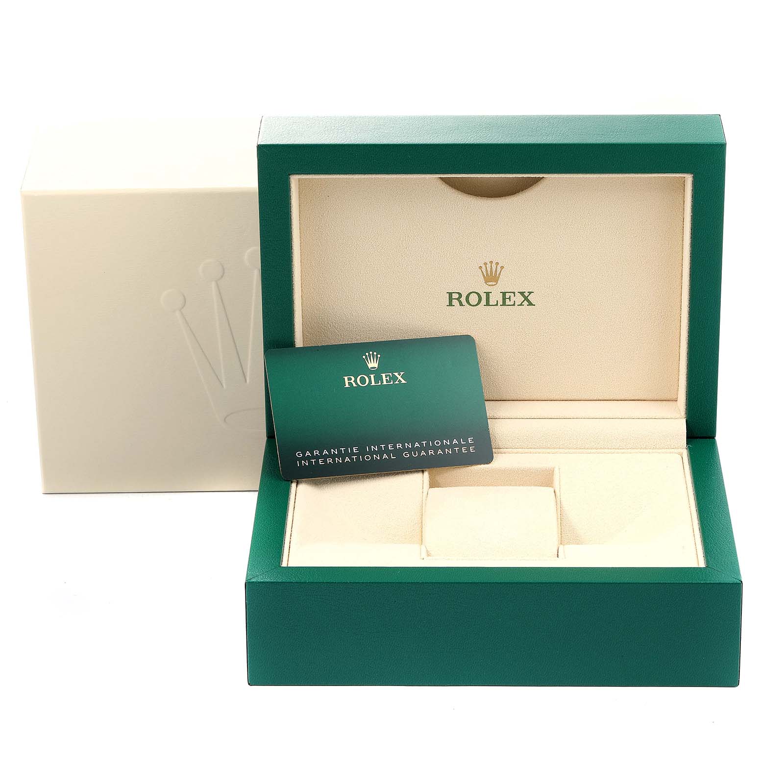 This image shows the open box and international guarantee card for a Rolex Mid-Size 277200 Women
s Stainless Steel Silver Dial 277200 Women
s Stainless Steel Silver Dial model watch.