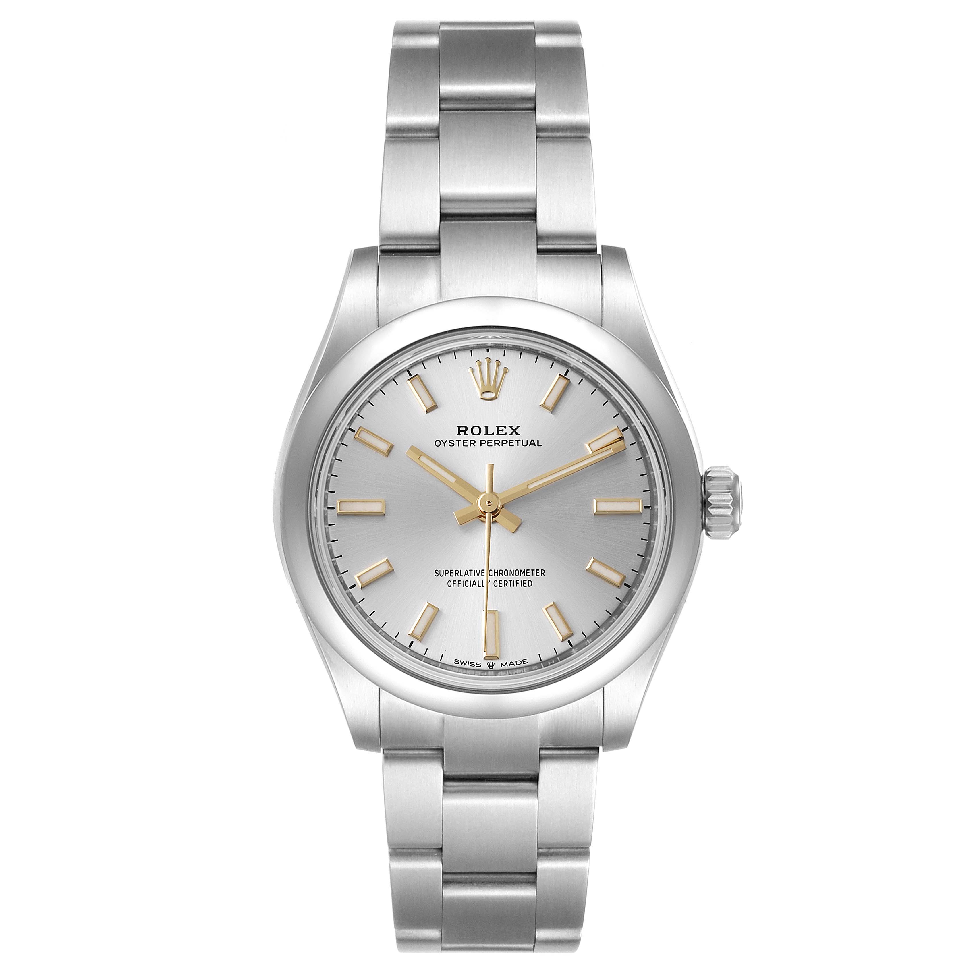 The image shows a front view of a mid-size Rolex Oyster Perpetual watch, highlighting the face, bezel, and bracelet.