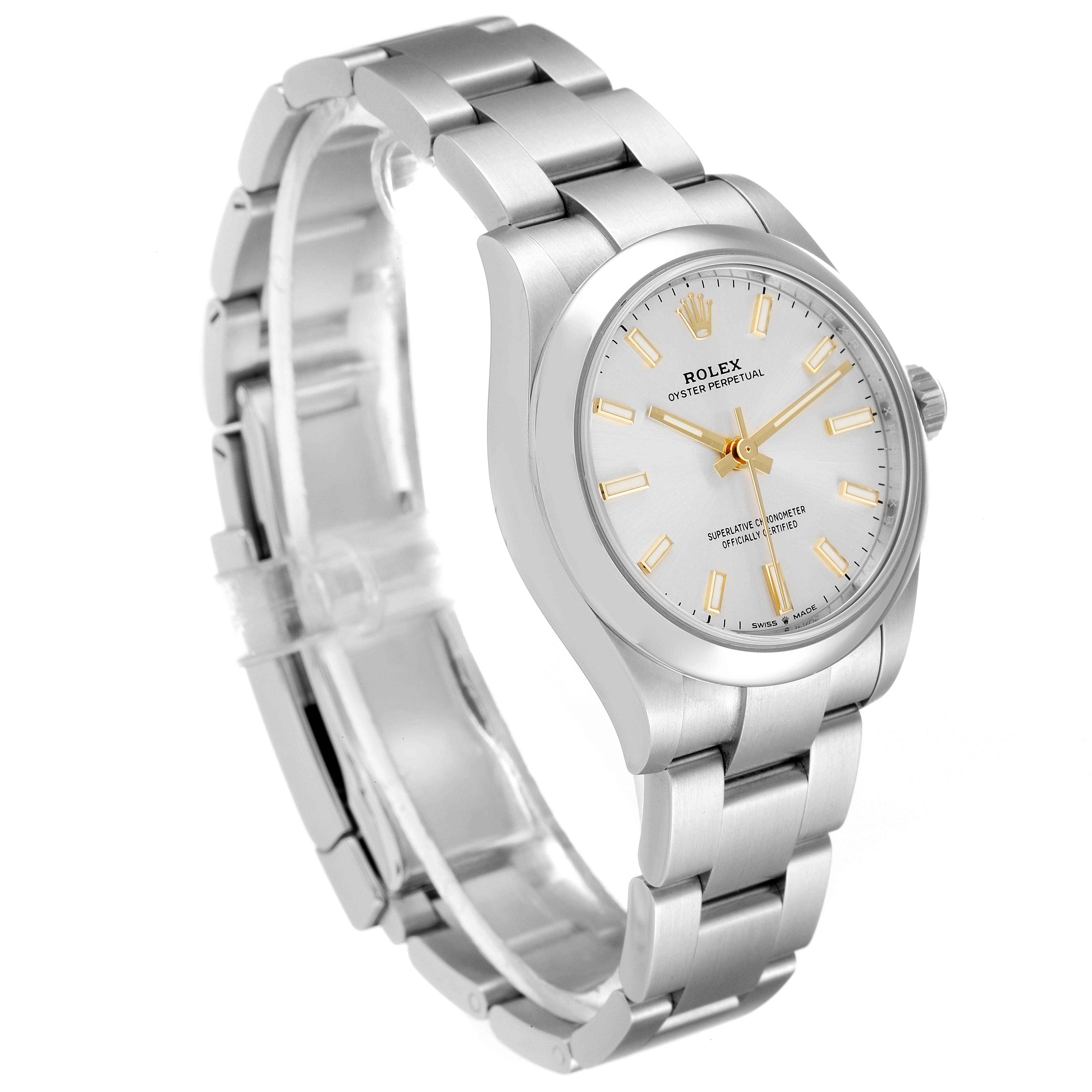 The Rolex Mid-Size 277200 Women
s Stainless Steel Silver Dial 277200 Women
s Stainless Steel Silver Dial watch is shown at a three-quarter angle, displaying the bracelet, case, dial, and crown.