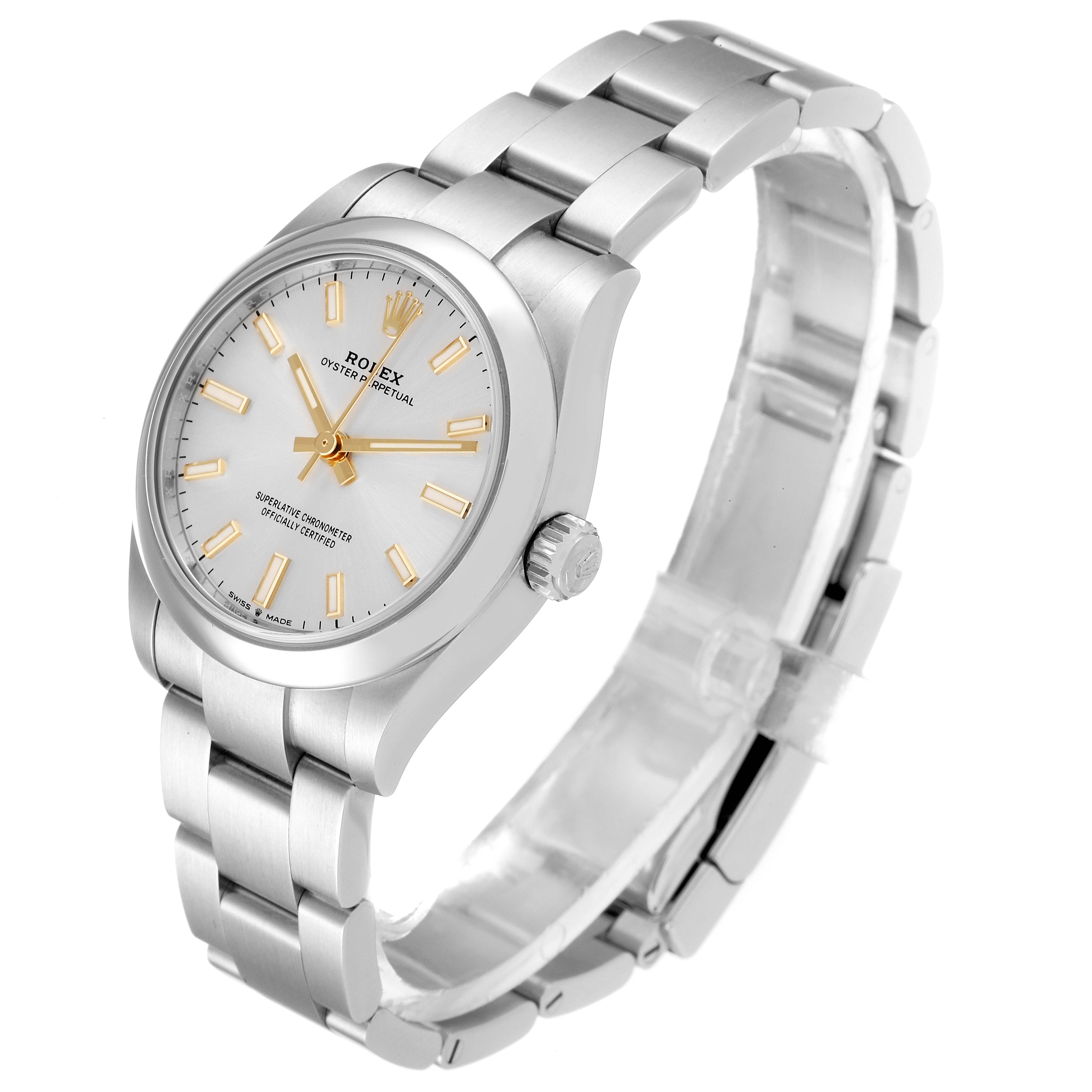 The image shows a Mid-Size Rolex watch at a three-quarter angle, displaying the face, bracelet, and crown.