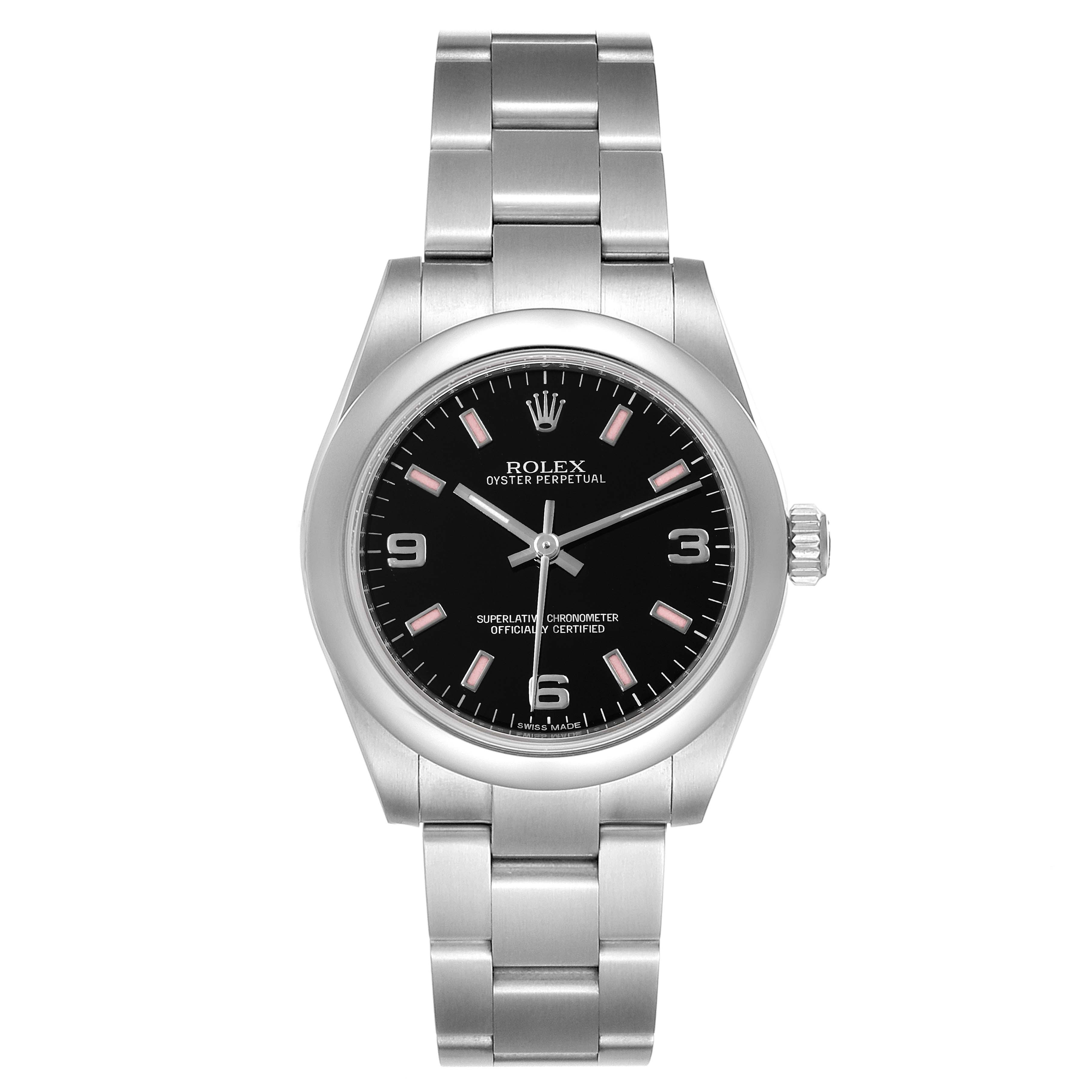 This Rolex Mid-Size 177200 Women's Stainless Steel Black Dial 177200 Women's Stainless Steel Black Dial model watch is shown from the front, displaying the face, bezel, and bracelet.