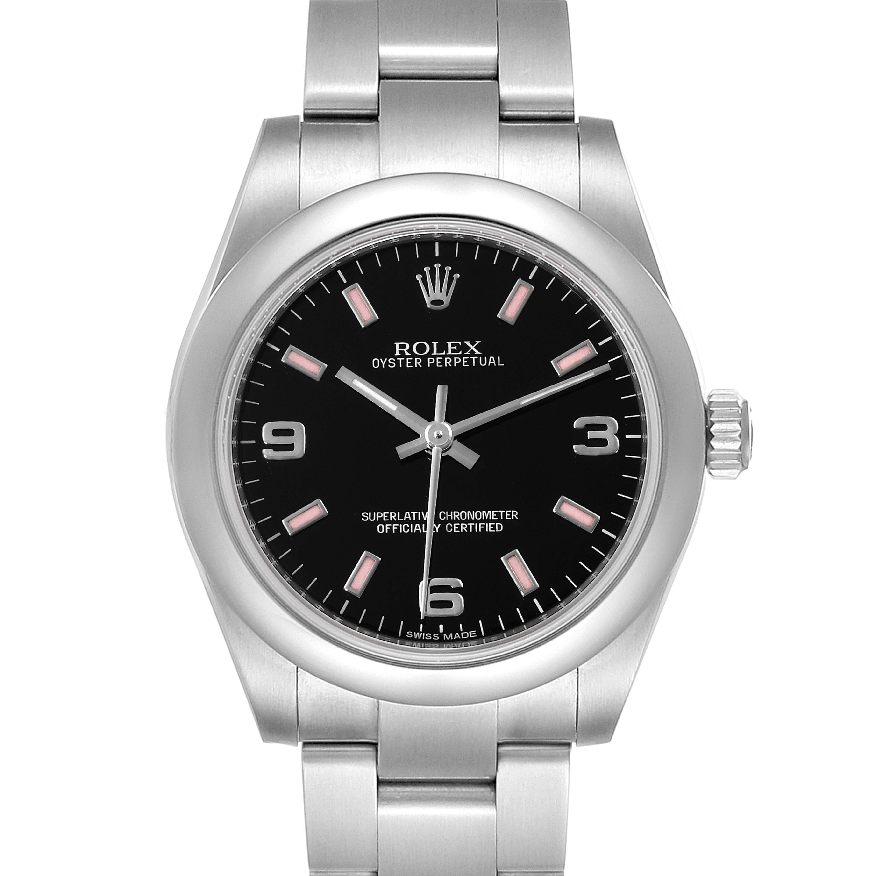 The image shows a front view of the Rolex Oyster Perpetual Mid-Size watch, displaying the entire face and part of the bracelet.