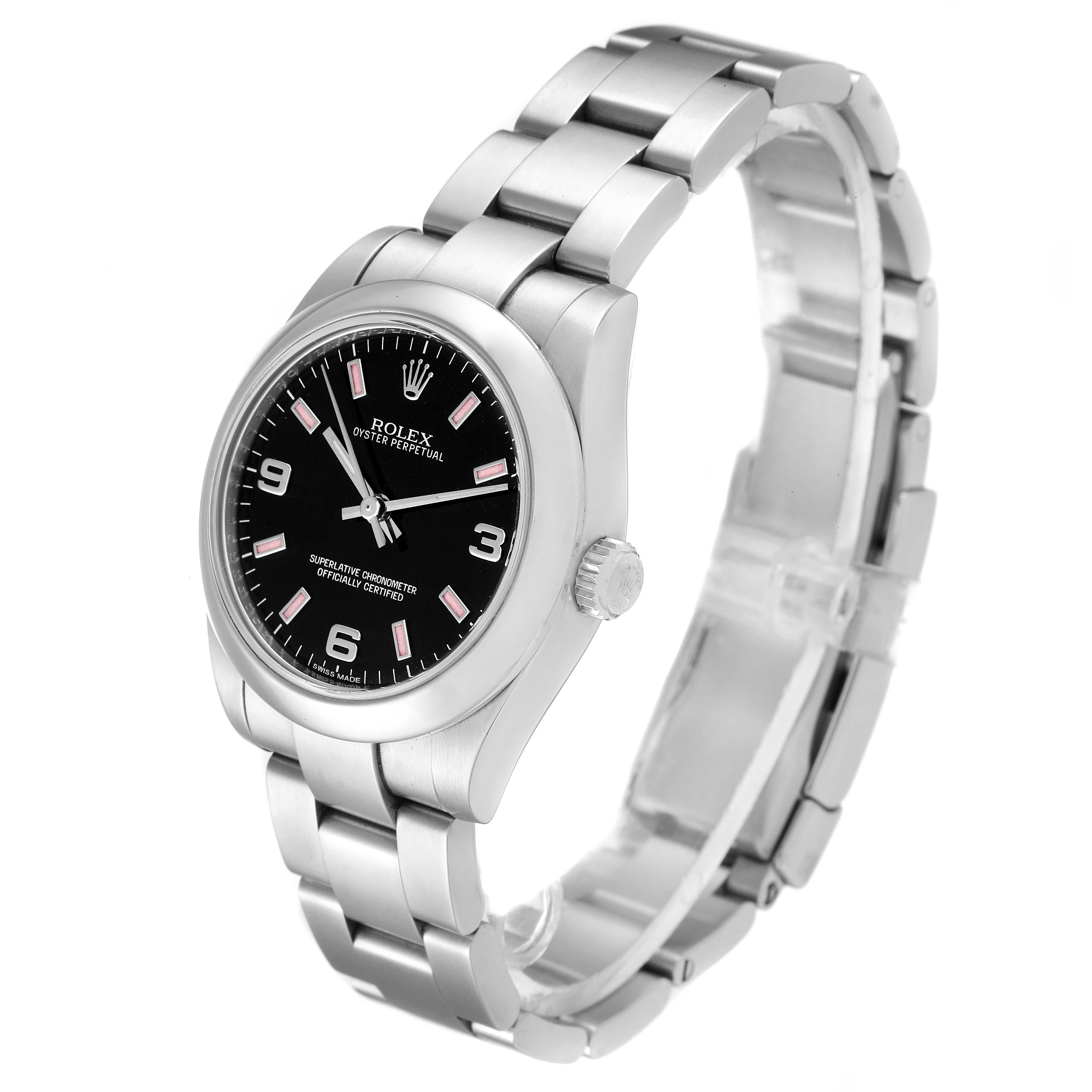 This image shows a side angle of a Rolex Mid-Size 177200 Women's Stainless Steel Black Dial 177200 Women's Stainless Steel Black Dial Oyster Perpetual watch, highlighting its bracelet, dial, and crown.