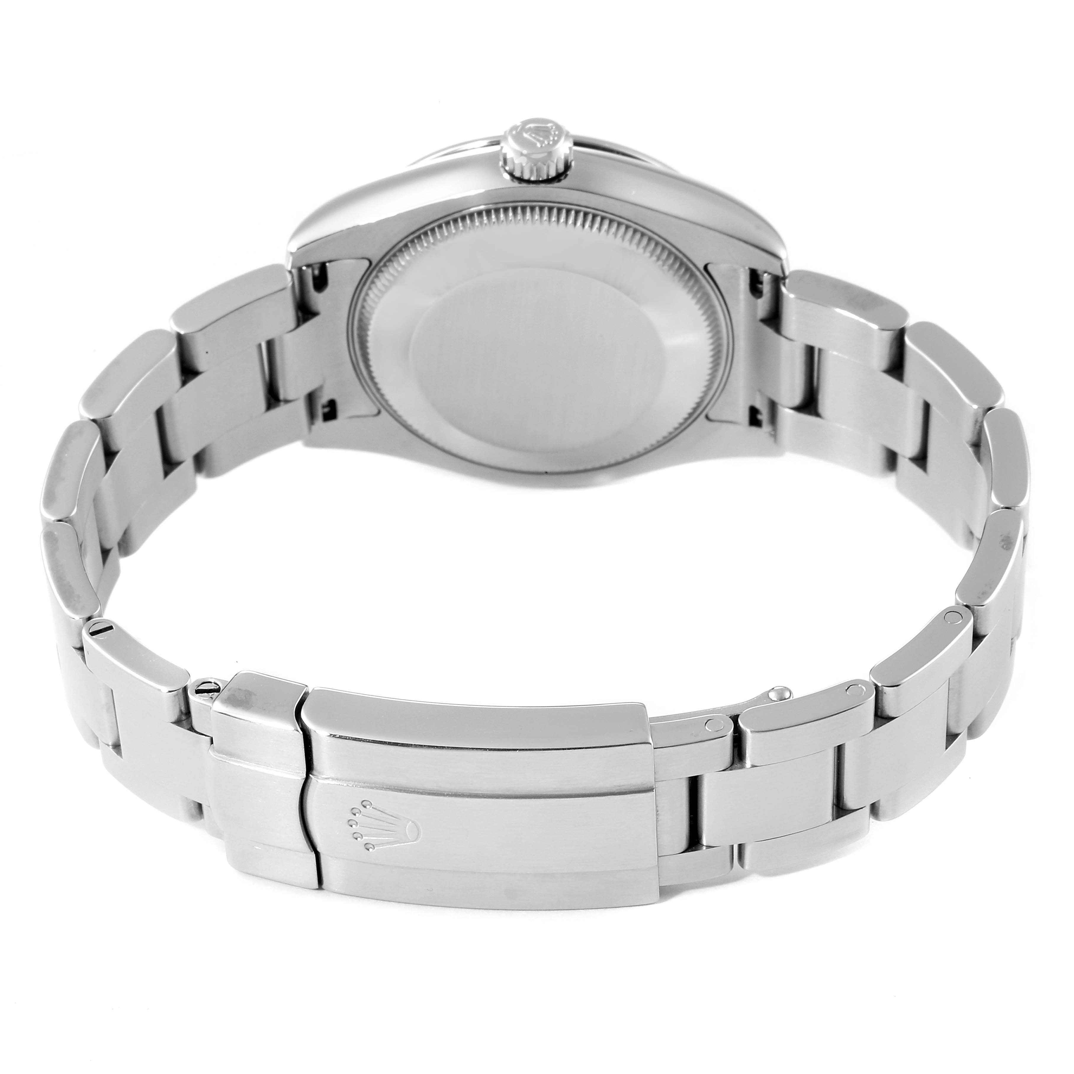 This image shows the back case and clasp of a Mid-Size Rolex watch, with a focus on the bracelet and its folding clasp.
