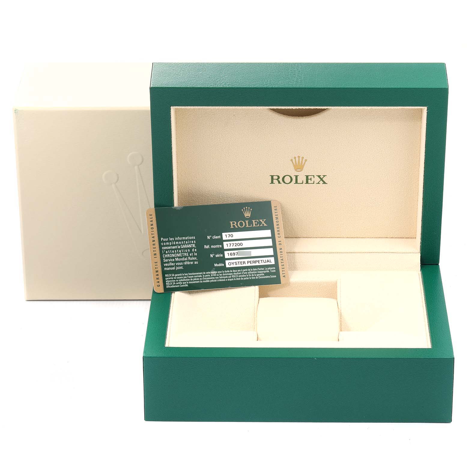 This image shows an open Rolex Mid-Size 177200 Women's Stainless Steel Black Dial 177200 Women's Stainless Steel Black Dial watch box and authentication card, viewed from the front.