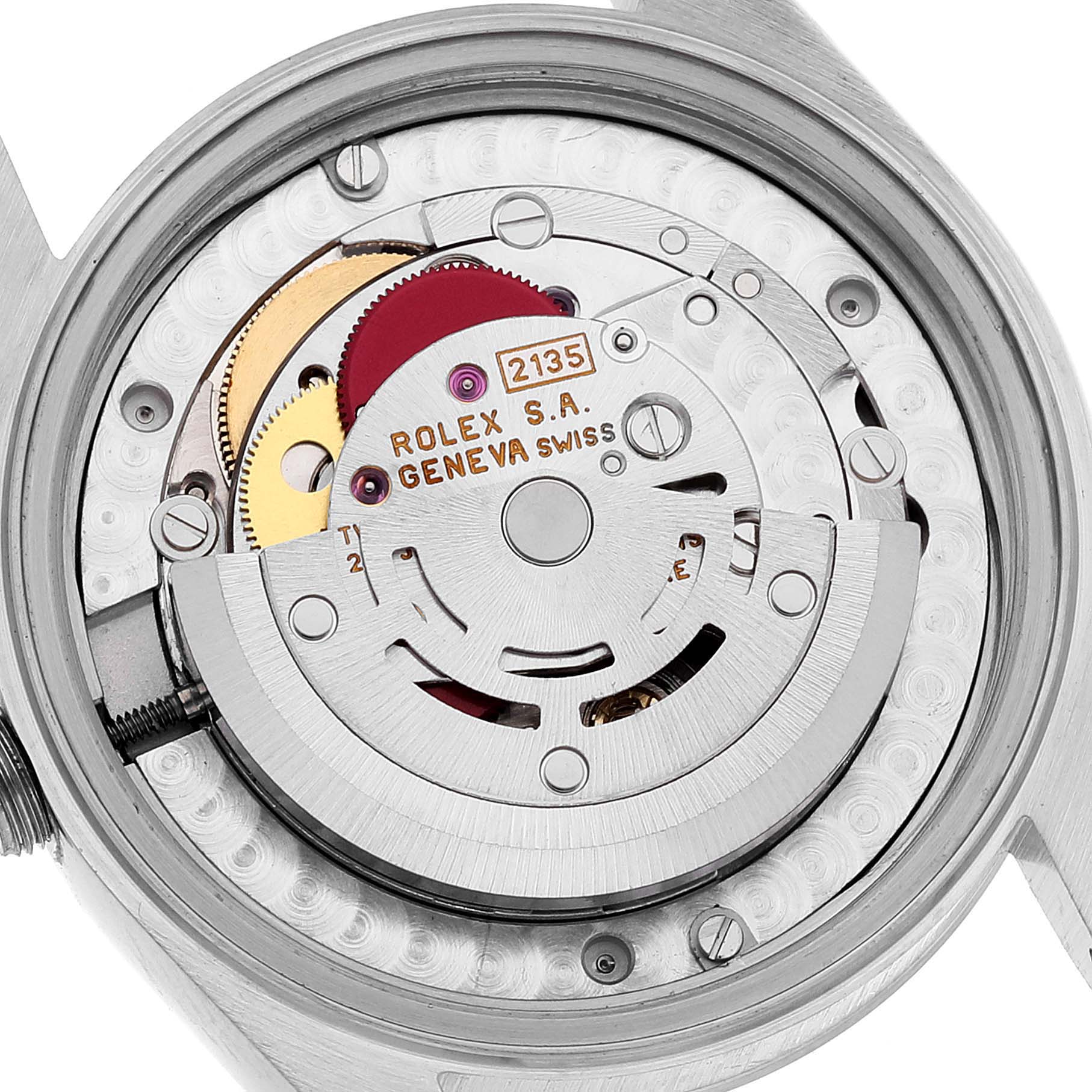 The image shows the exposed movement inside the Rolex Mid-Size 68240 Women
s Stainless Steel Black Dial 68240 Women
s Stainless Steel Black Dial model from a top-down angle.