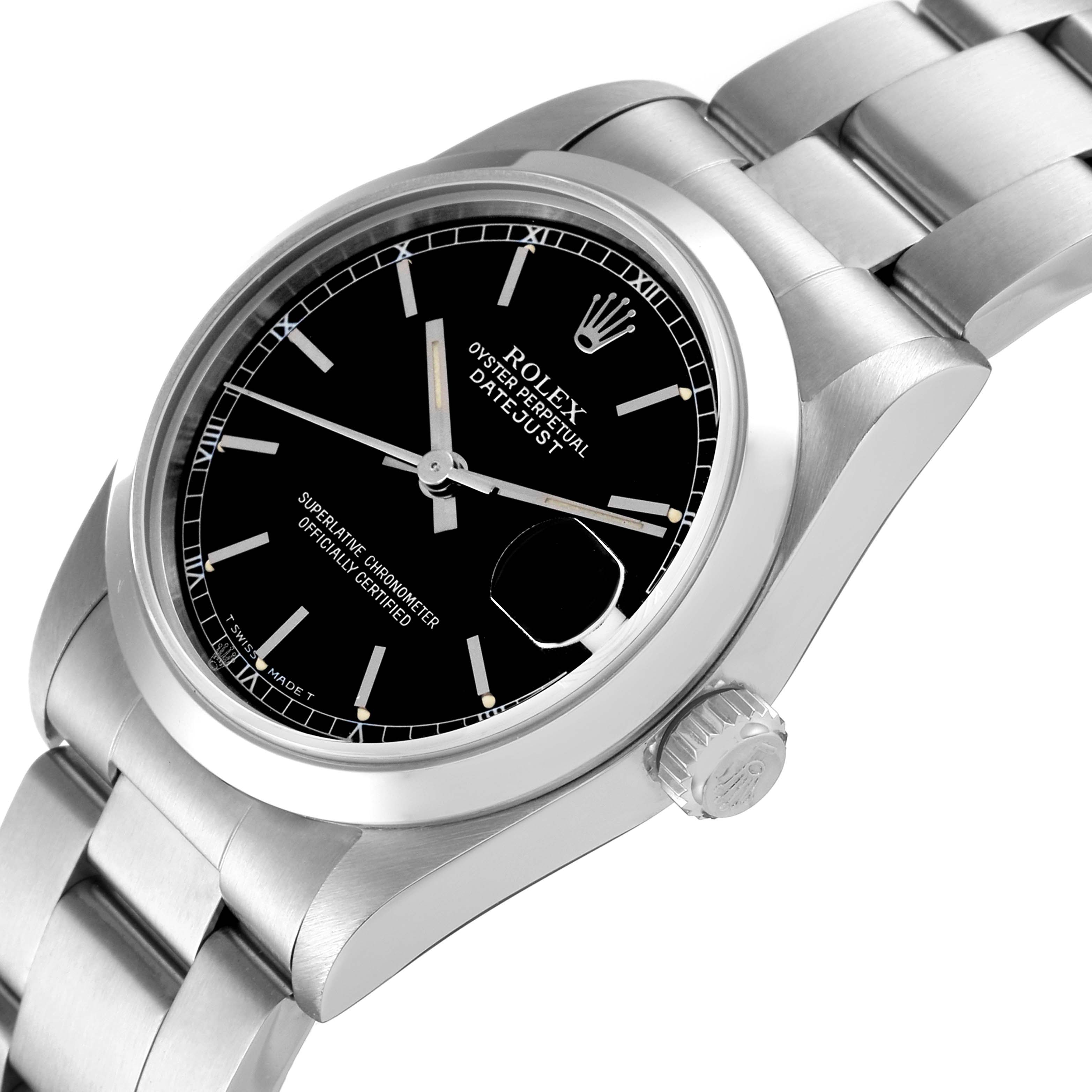 The image shows a side view of a Rolex Mid-Size 68240 Women
s Stainless Steel Black Dial 68240 Women
s Stainless Steel Black Dial Datejust watch, highlighting the dial, case, bracelet, and crown.