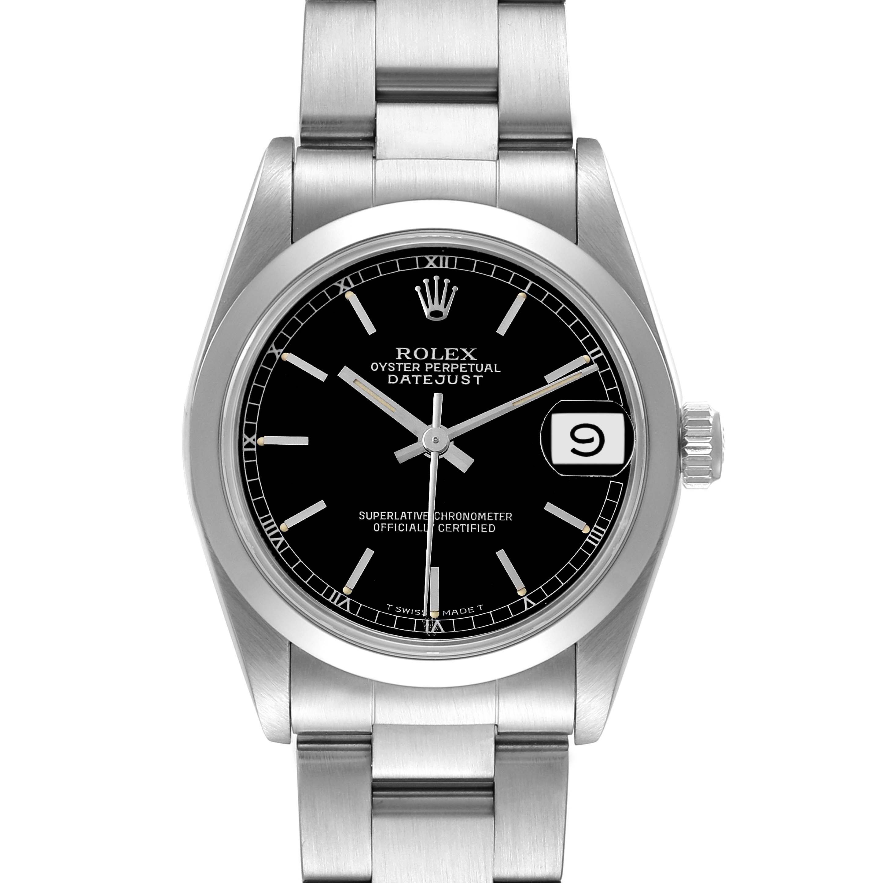 This image shows a front view of a Rolex Mid-Size 68240 Women
s Stainless Steel Black Dial 68240 Women
s Stainless Steel Black Dial Oyster Perpetual Datejust watch, highlighting its face, bezel, and part of the bracelet.