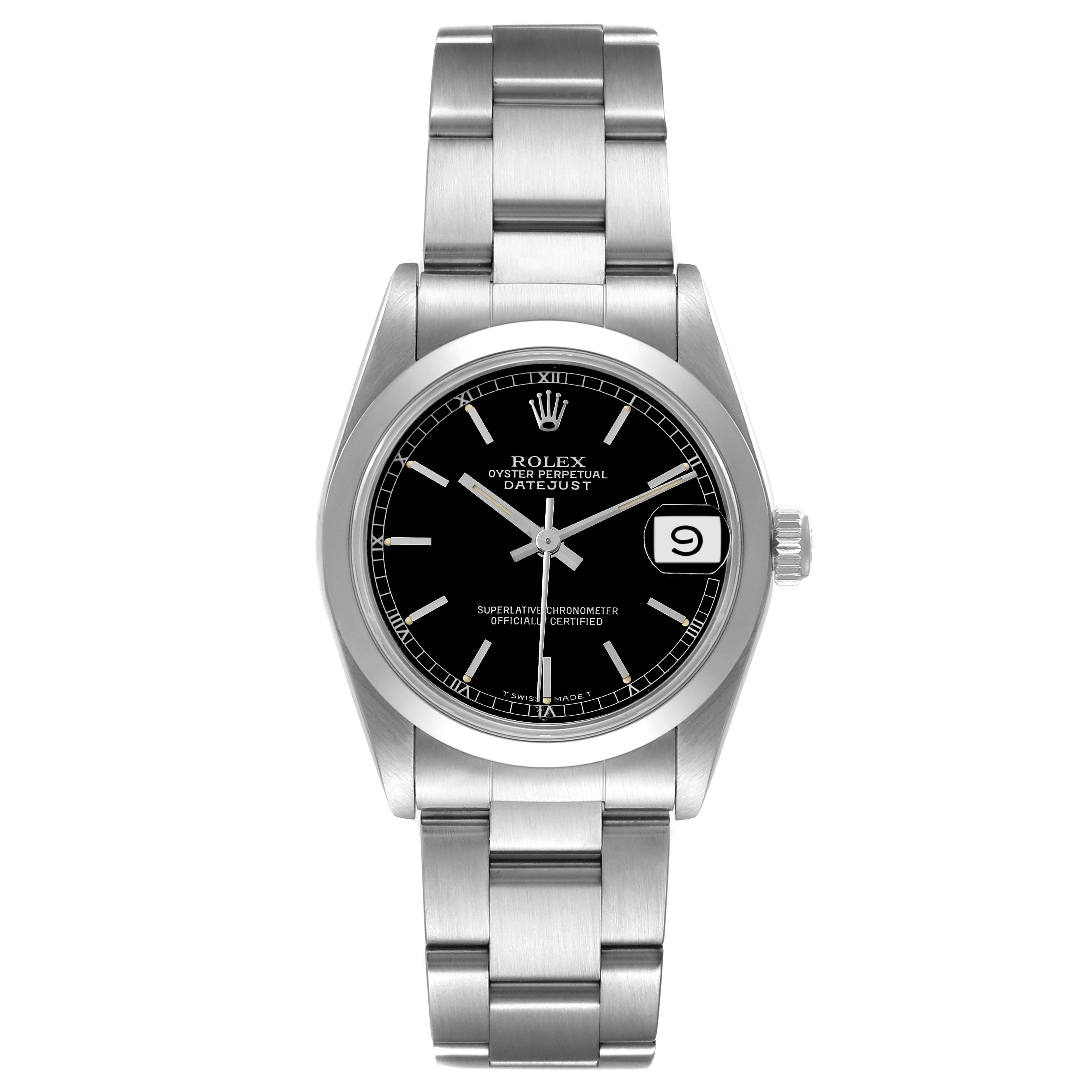 This image shows a front view of a Rolex Mid-Size 68240 Women
s Stainless Steel Black Dial 68240 Women
s Stainless Steel Black Dial Oyster Perpetual Datejust watch, displaying the full dial and bracelet.