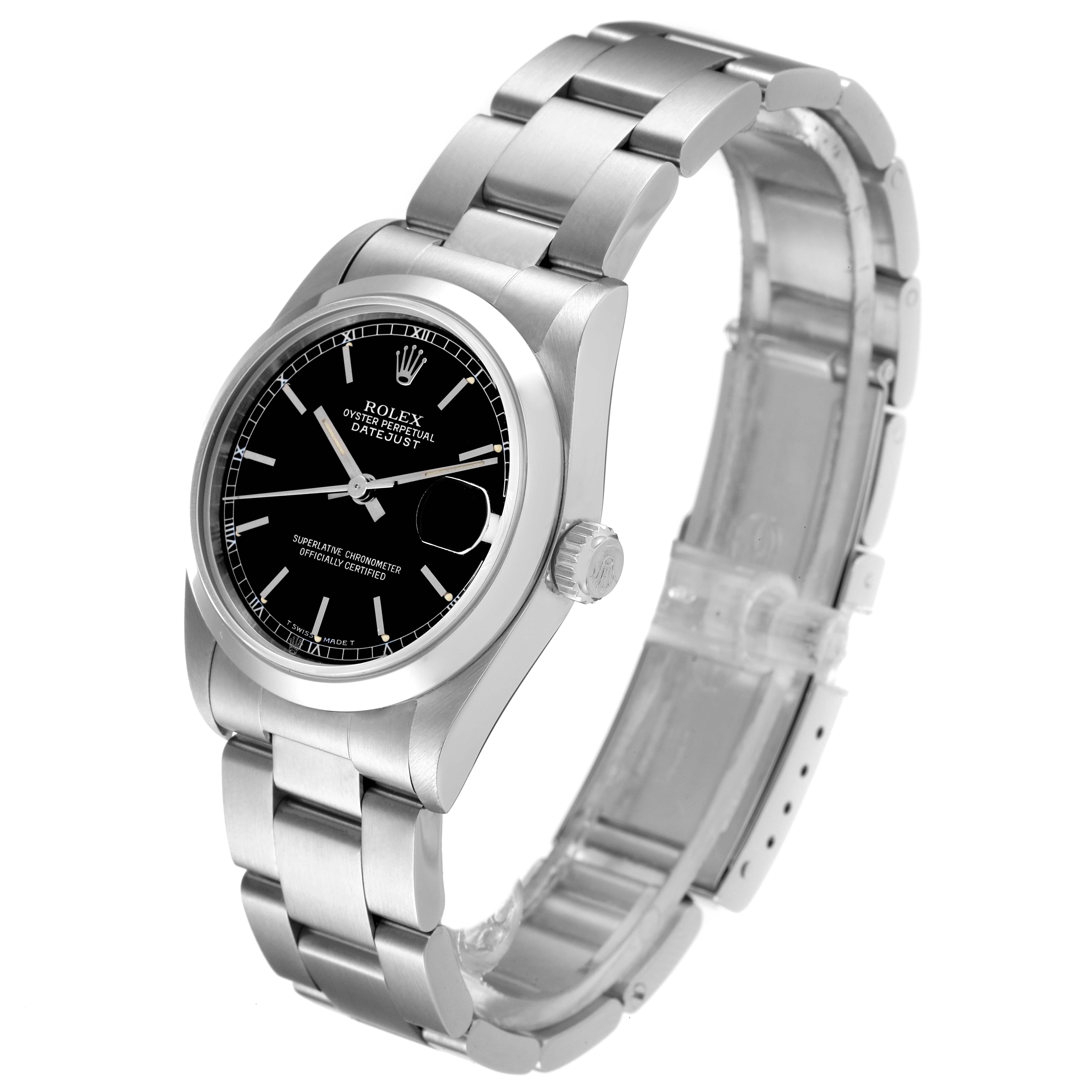 The Rolex Mid-Size 68240 Women
s Stainless Steel Black Dial 68240 Women
s Stainless Steel Black Dial Datejust watch is shown from a front-side angle, highlighting the dial, bezel, crown, and bracelet.