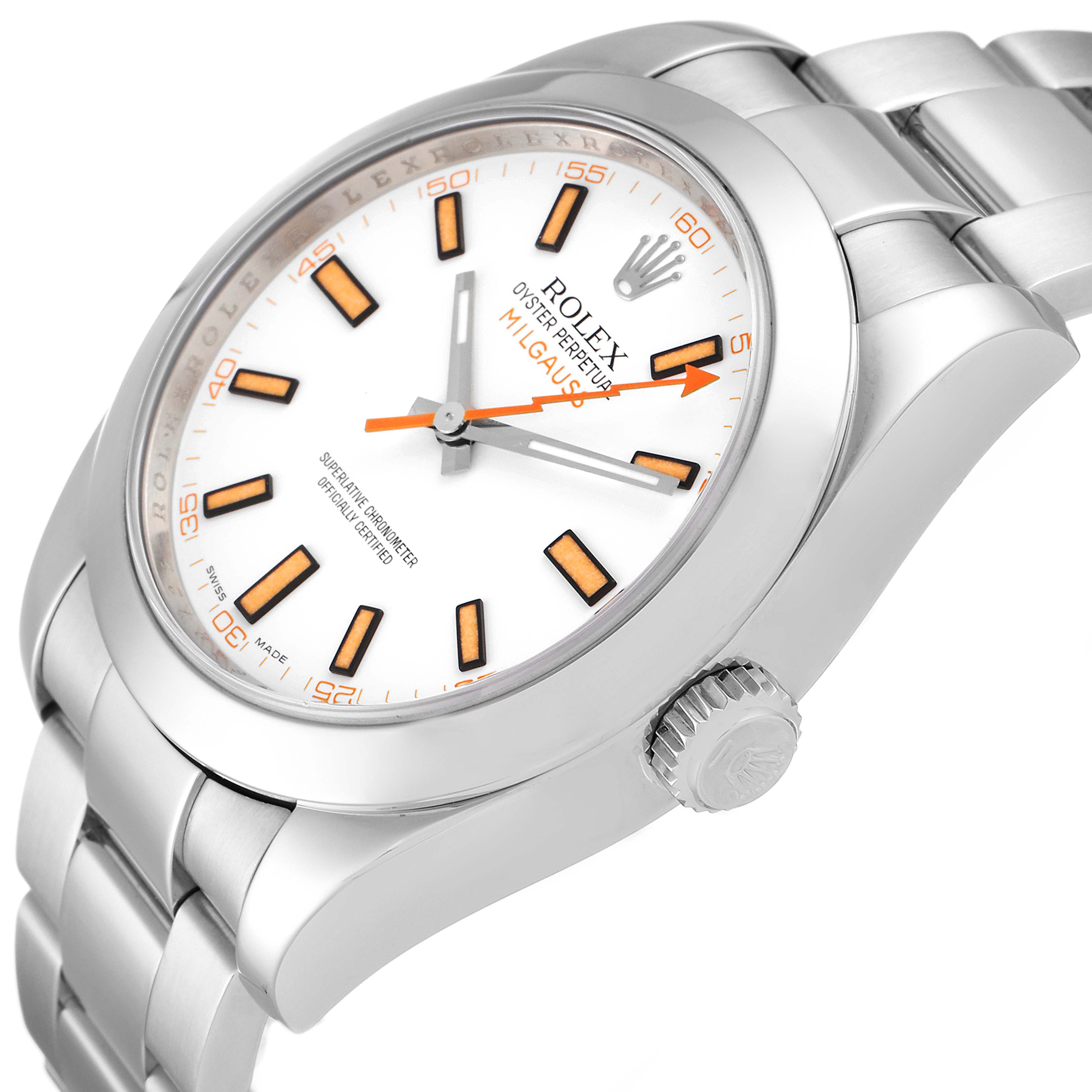 The image shows a close-up of the Rolex Milgauss 116400 Men's Stainless Steel White Dial 116400 Men's Stainless Steel White Dial watch at an angle, highlighting its dial, bezel, and bracelet.