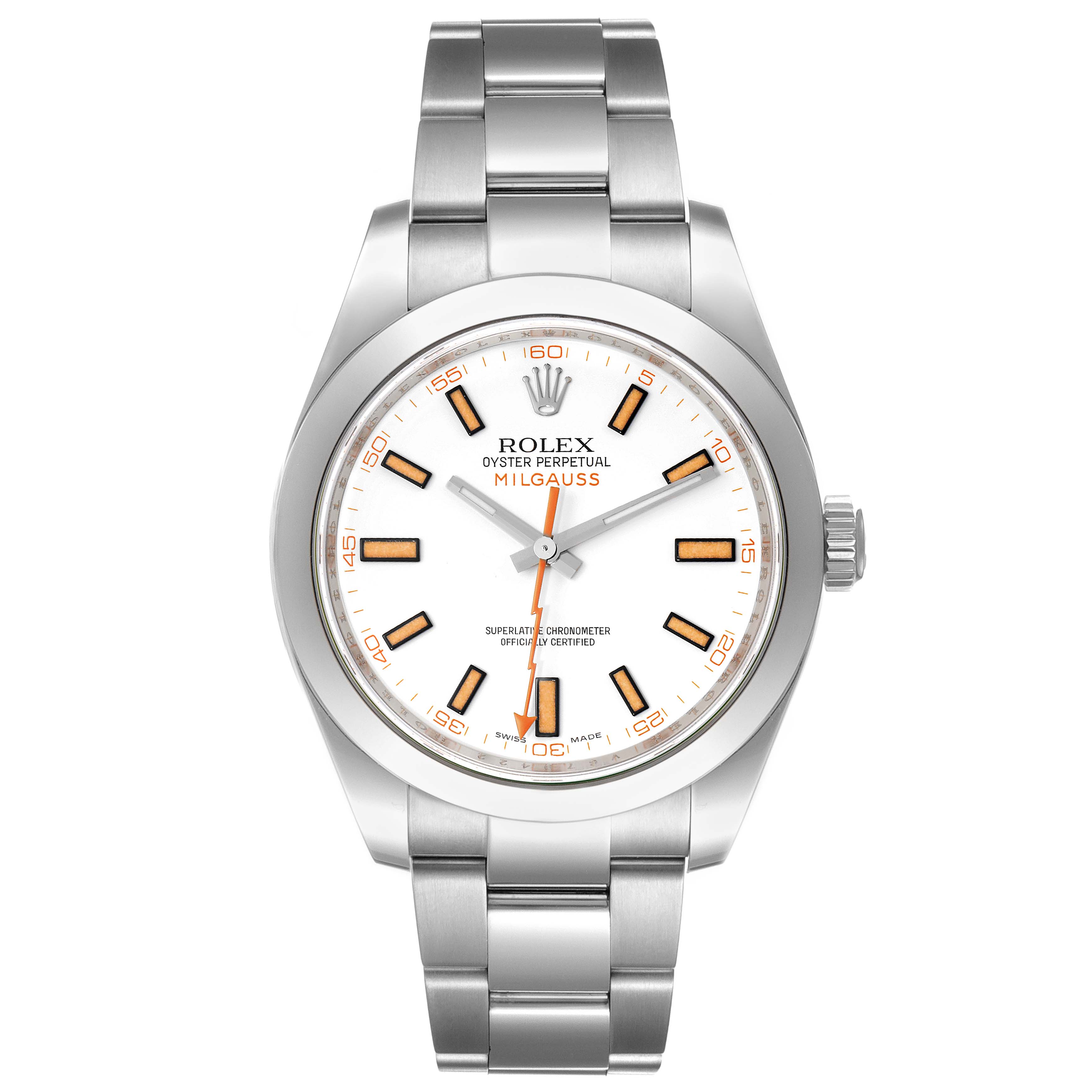 This is a frontal view of the Rolex Milgauss 116400 Men's Stainless Steel White Dial 116400 Men's Stainless Steel White Dial watch, showcasing its stainless steel bracelet, white dial, and hour markers.