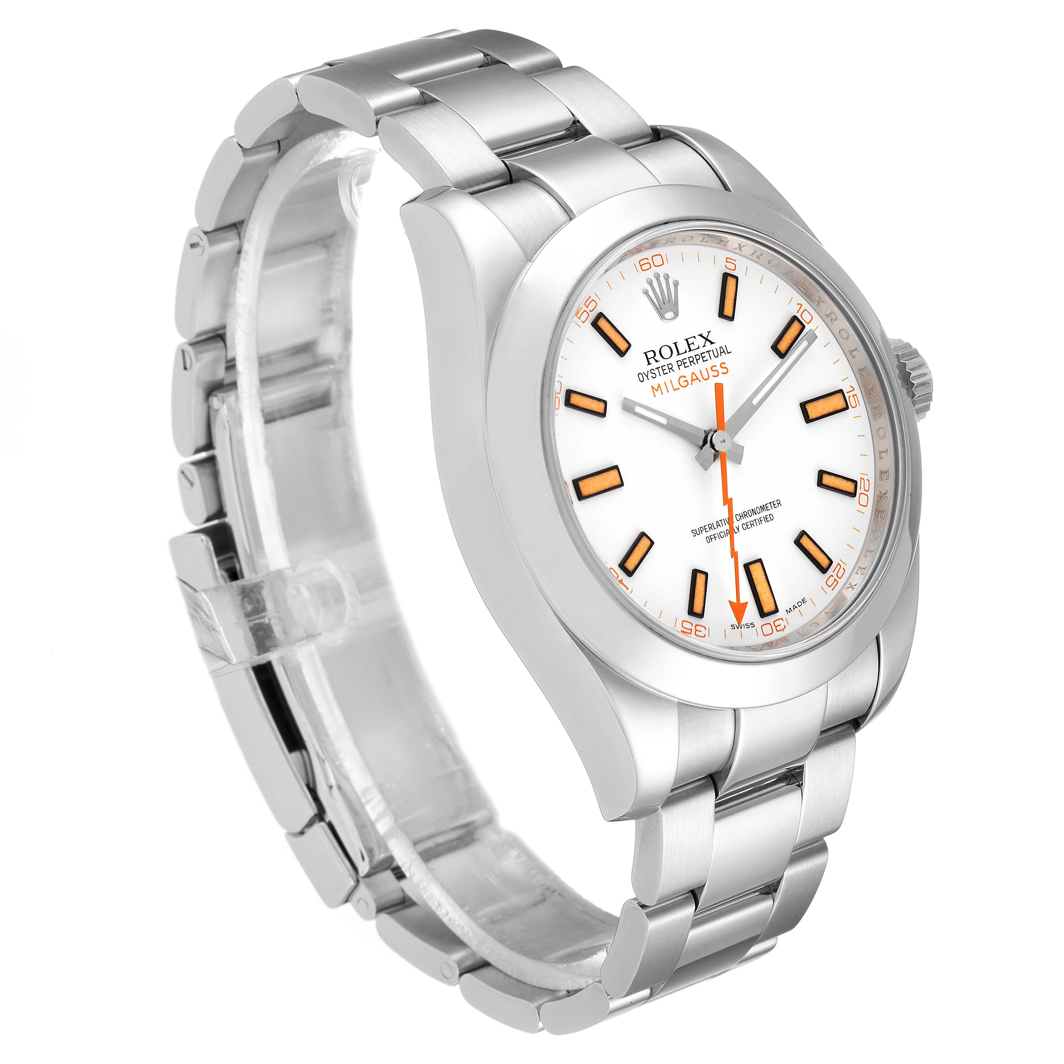 This image shows a side view of the Rolex Milgauss 116400 Men's Stainless Steel White Dial 116400 Men's Stainless Steel White Dial watch, highlighting the face, bracelet, and clasp.