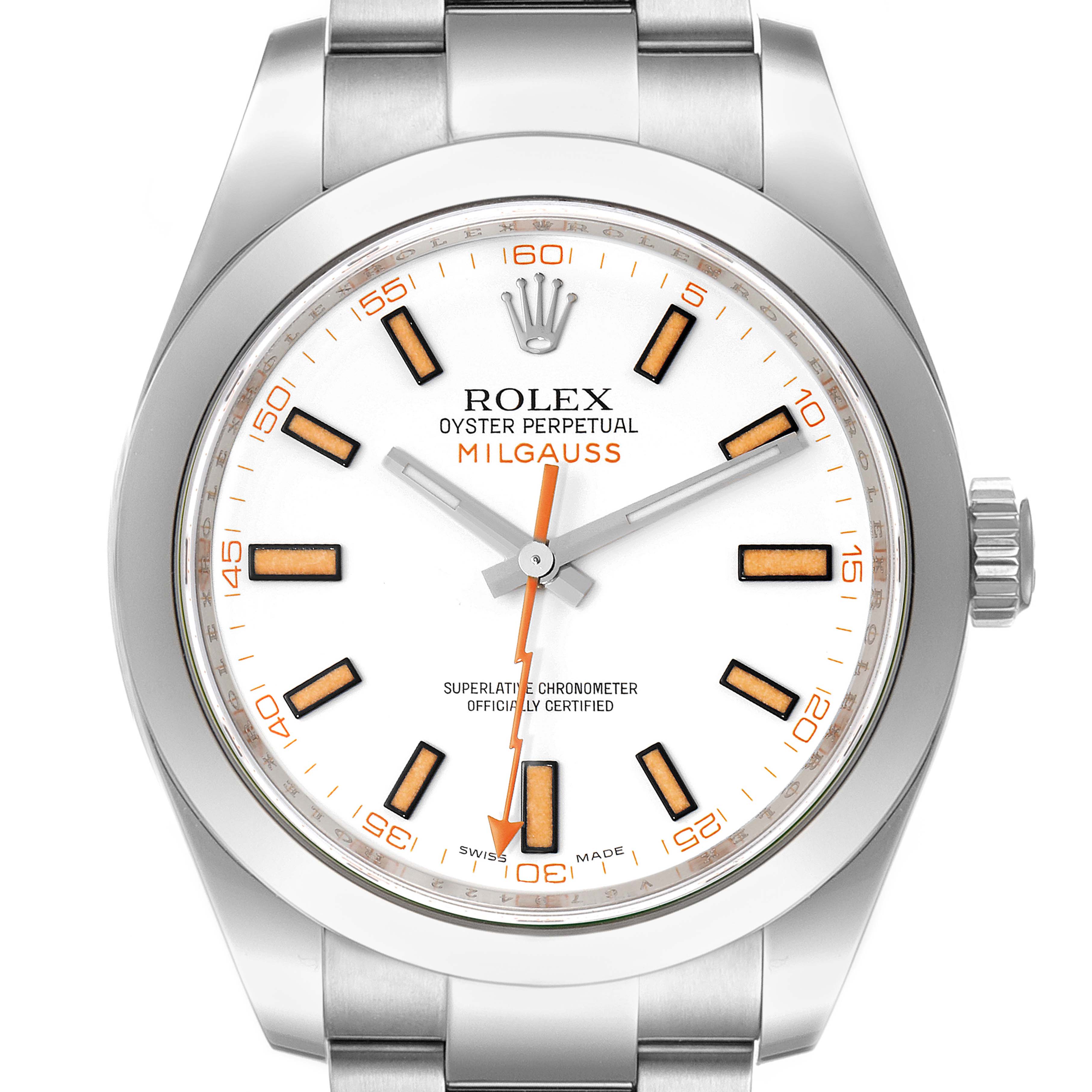 The image shows a front angle view of the Rolex Milgauss 116400 Men's Stainless Steel White Dial 116400 Men's Stainless Steel White Dial watch, displaying the dial, hands, and part of the bracelet.