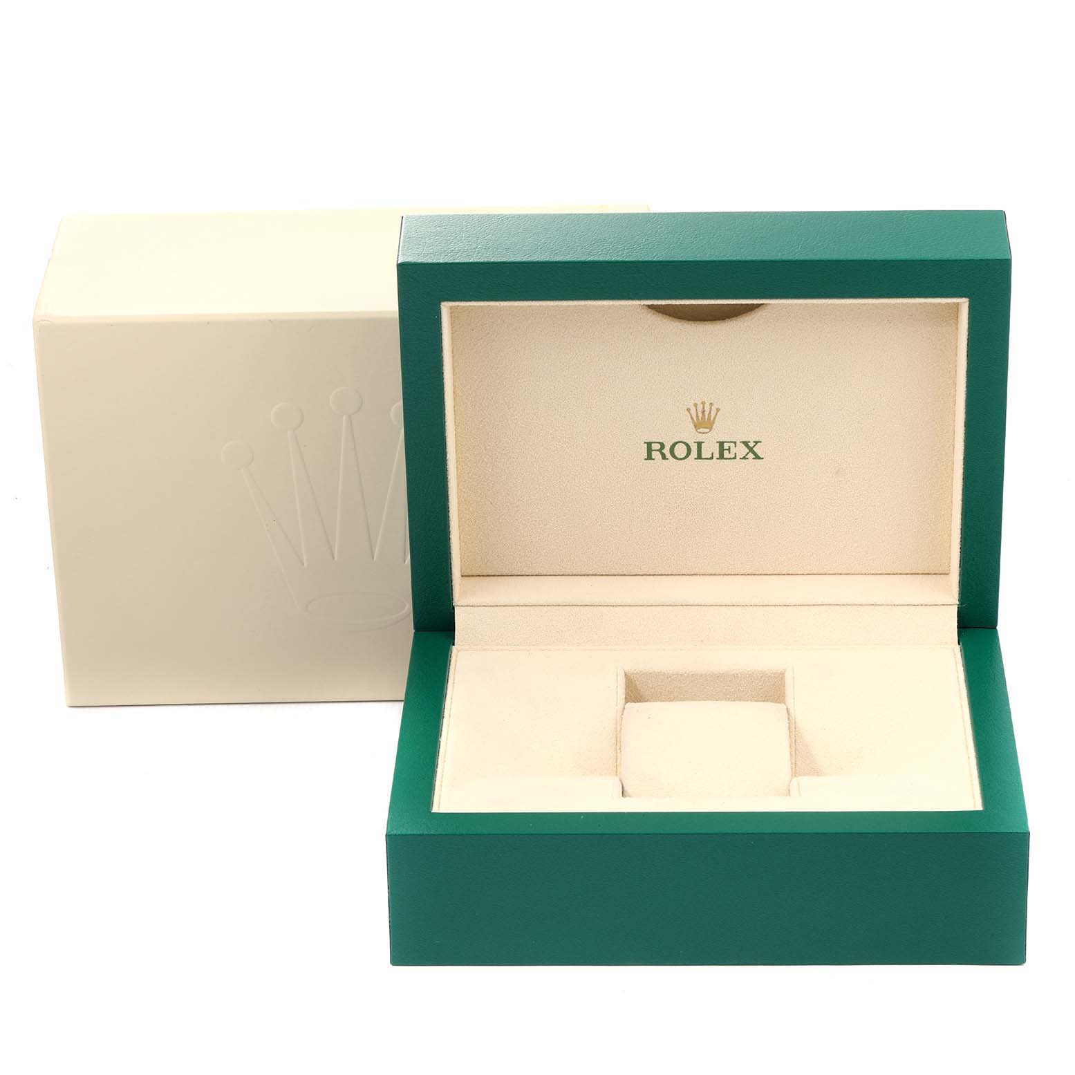 The image shows an open Rolex Milgauss 116400 Men's Stainless Steel White Dial 116400 Men's Stainless Steel White Dial watch box, highlighting its interior with the brand logo.