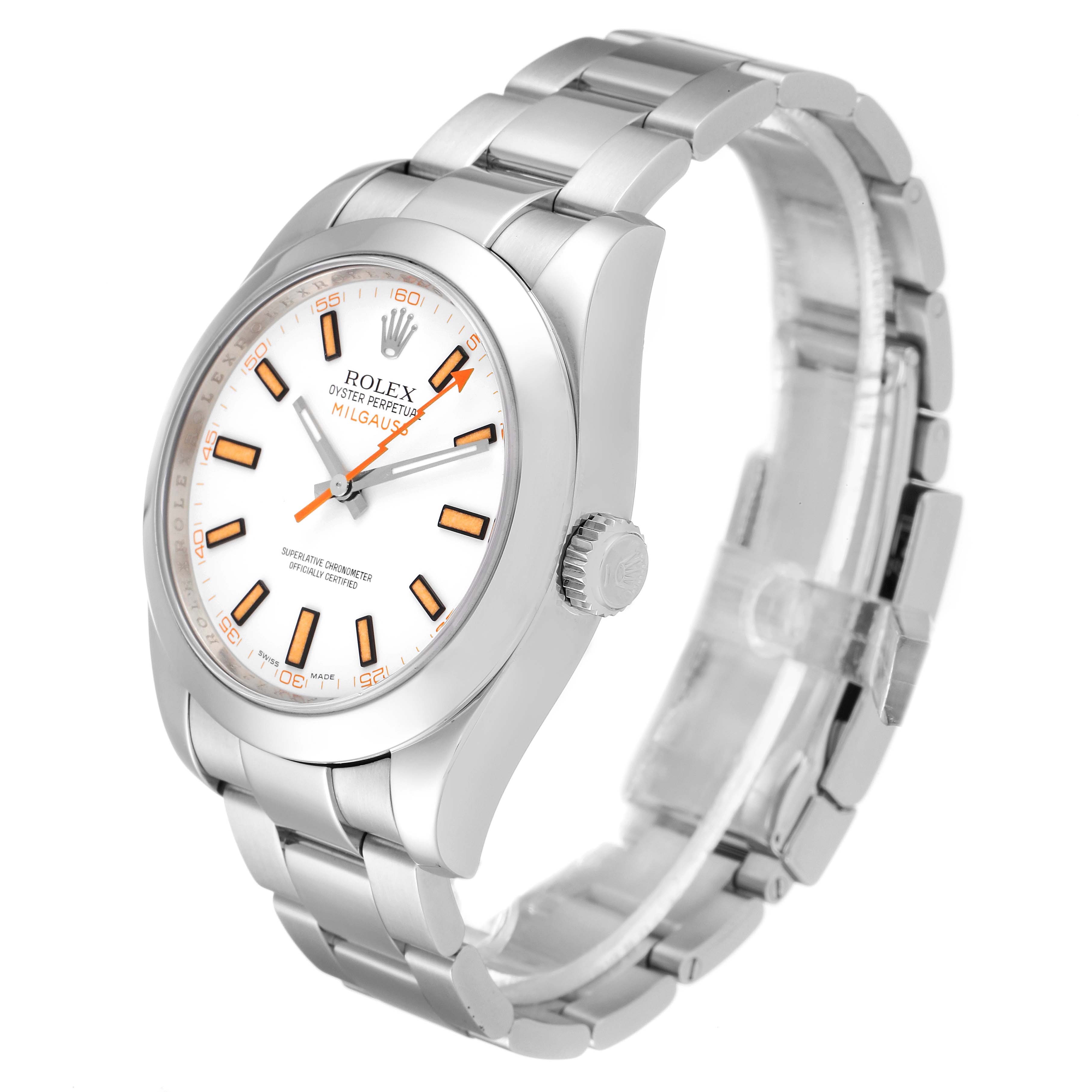 The Rolex Milgauss 116400 Men's Stainless Steel White Dial 116400 Men's Stainless Steel White Dial watch is shown from a three-quarter view, displaying the face, bracelet, and crown.