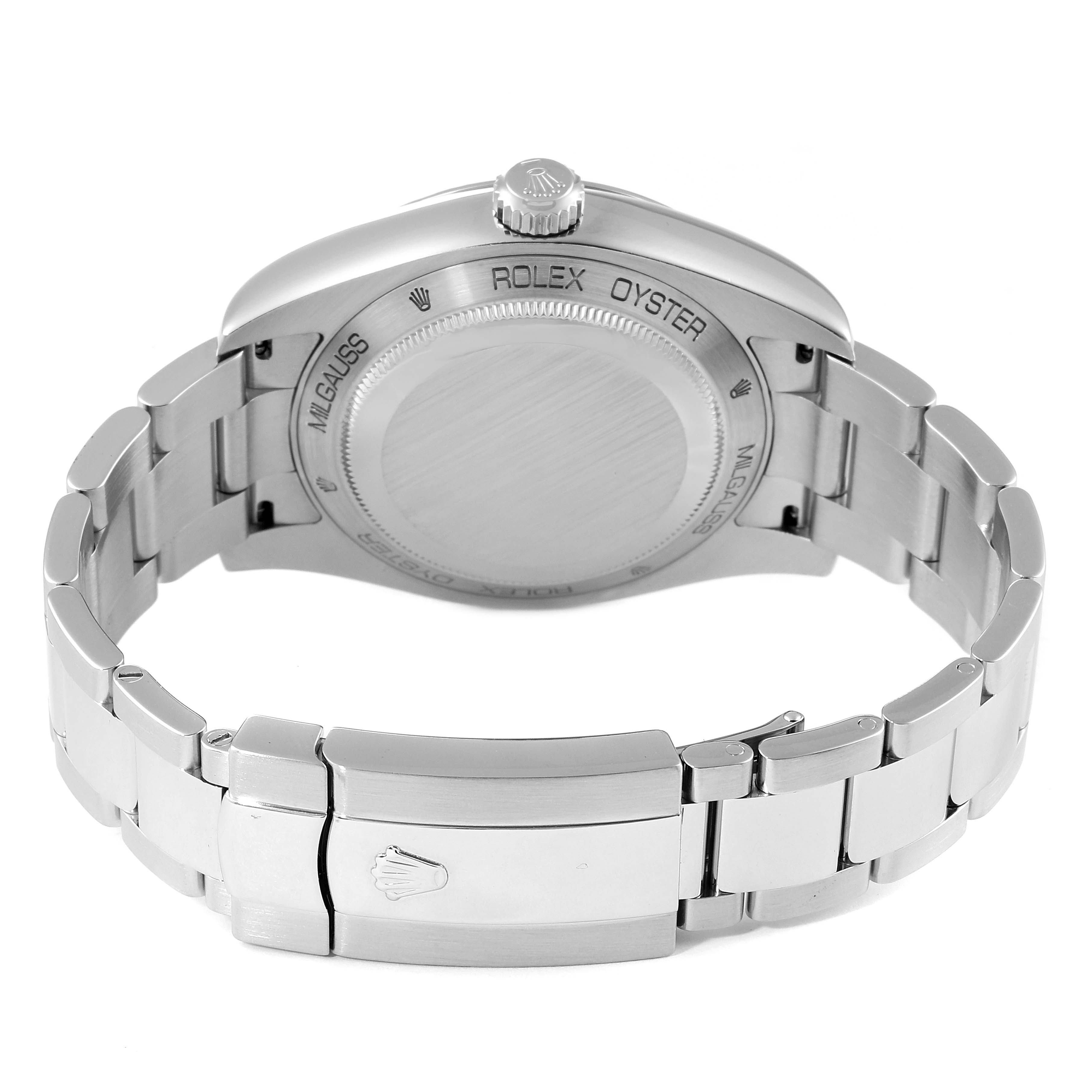 The image shows the back view of a Rolex Milgauss 116400 Men's Stainless Steel White Dial 116400 Men's Stainless Steel White Dial watch, highlighting its clasp, bracelet, and case back.