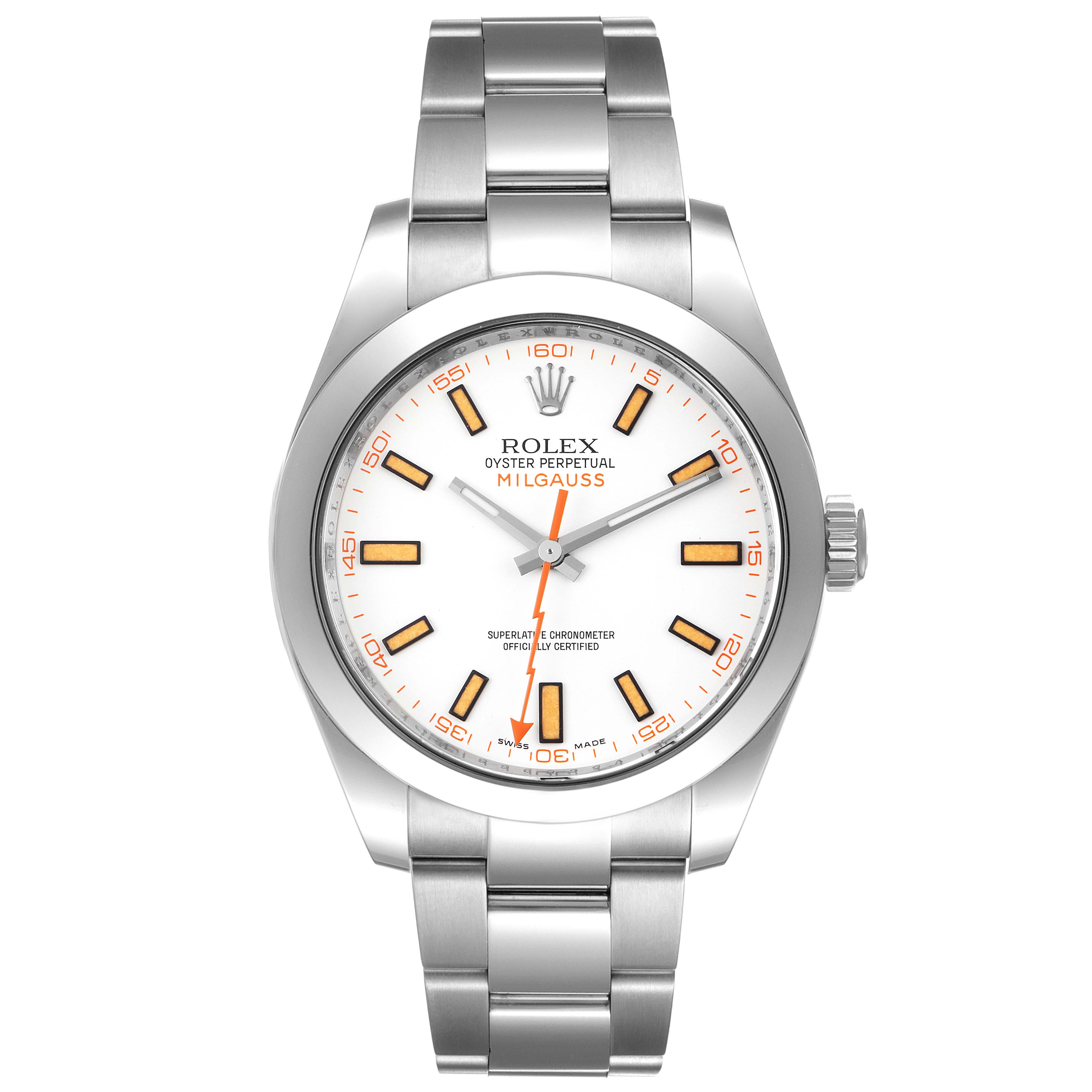 This image shows a front view of a Rolex Milgauss 116400 Men's Stainless Steel White Dial 116400 Men's Stainless Steel White Dial watch, highlighting its face, hands, markers, and stainless steel bracelet.