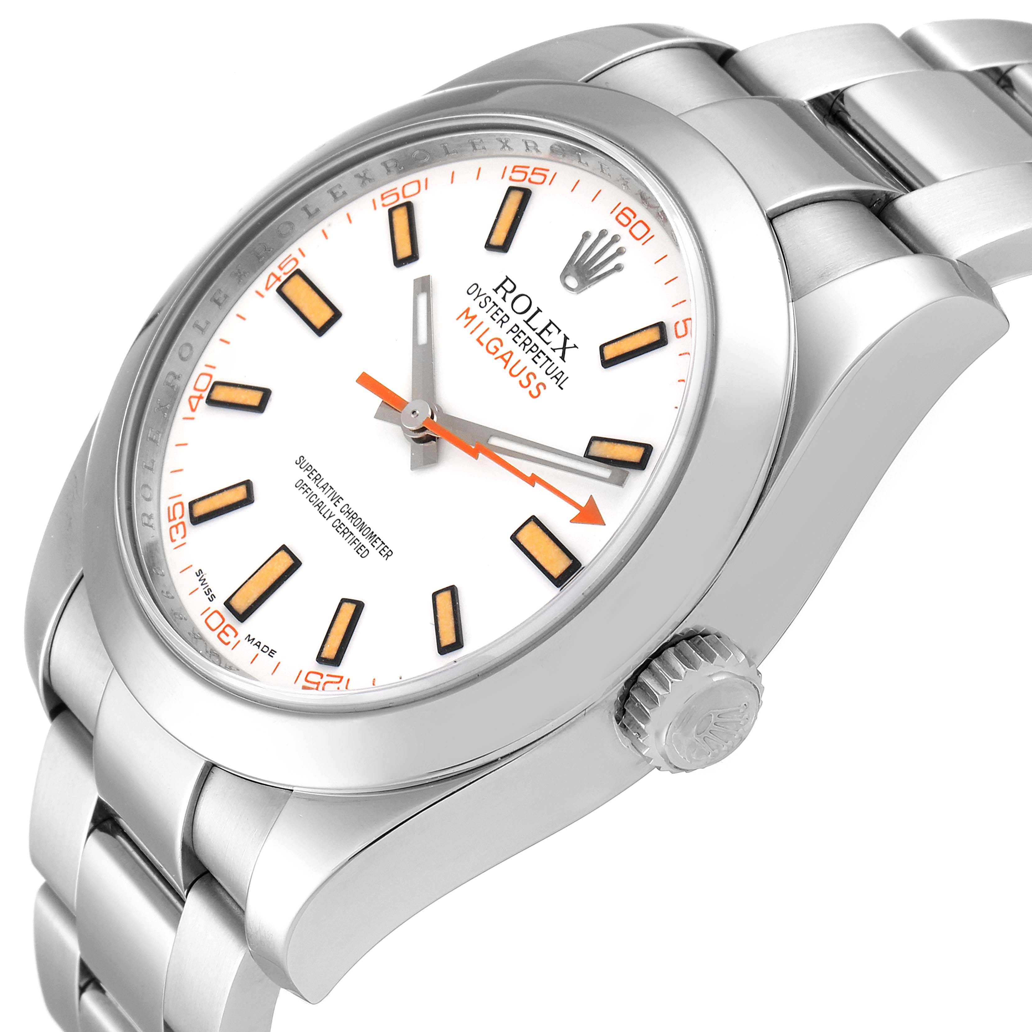 The image shows a side angle of a Rolex Milgauss 116400 Men's Stainless Steel White Dial 116400 Men's Stainless Steel White Dial watch, highlighting the dial, crown, and part of the bracelet.
