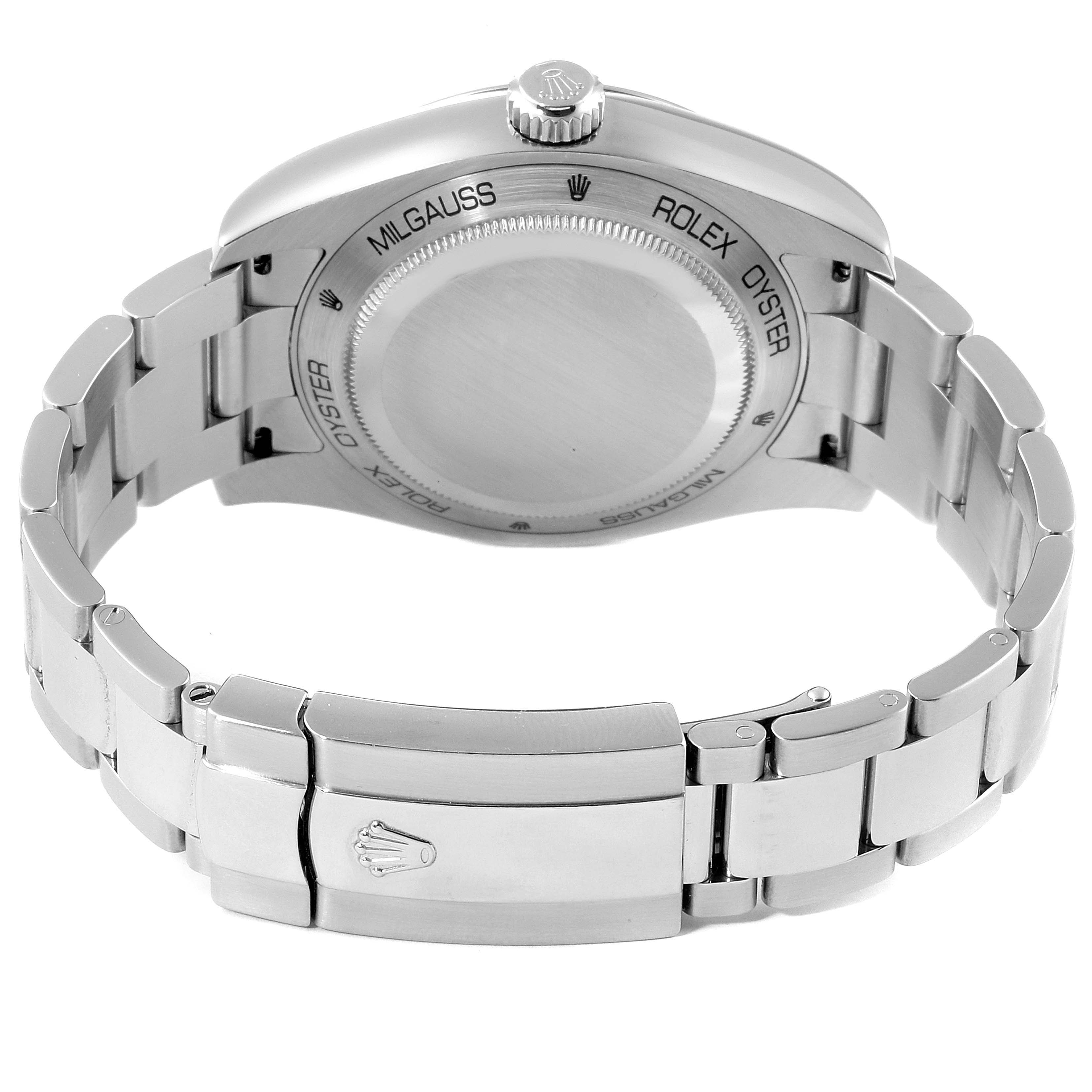 The image shows the back of the Rolex Milgauss 116400 Men's Stainless Steel White Dial 116400 Men's Stainless Steel White Dial watch, highlighting its case back, crown, and bracelet clasp.