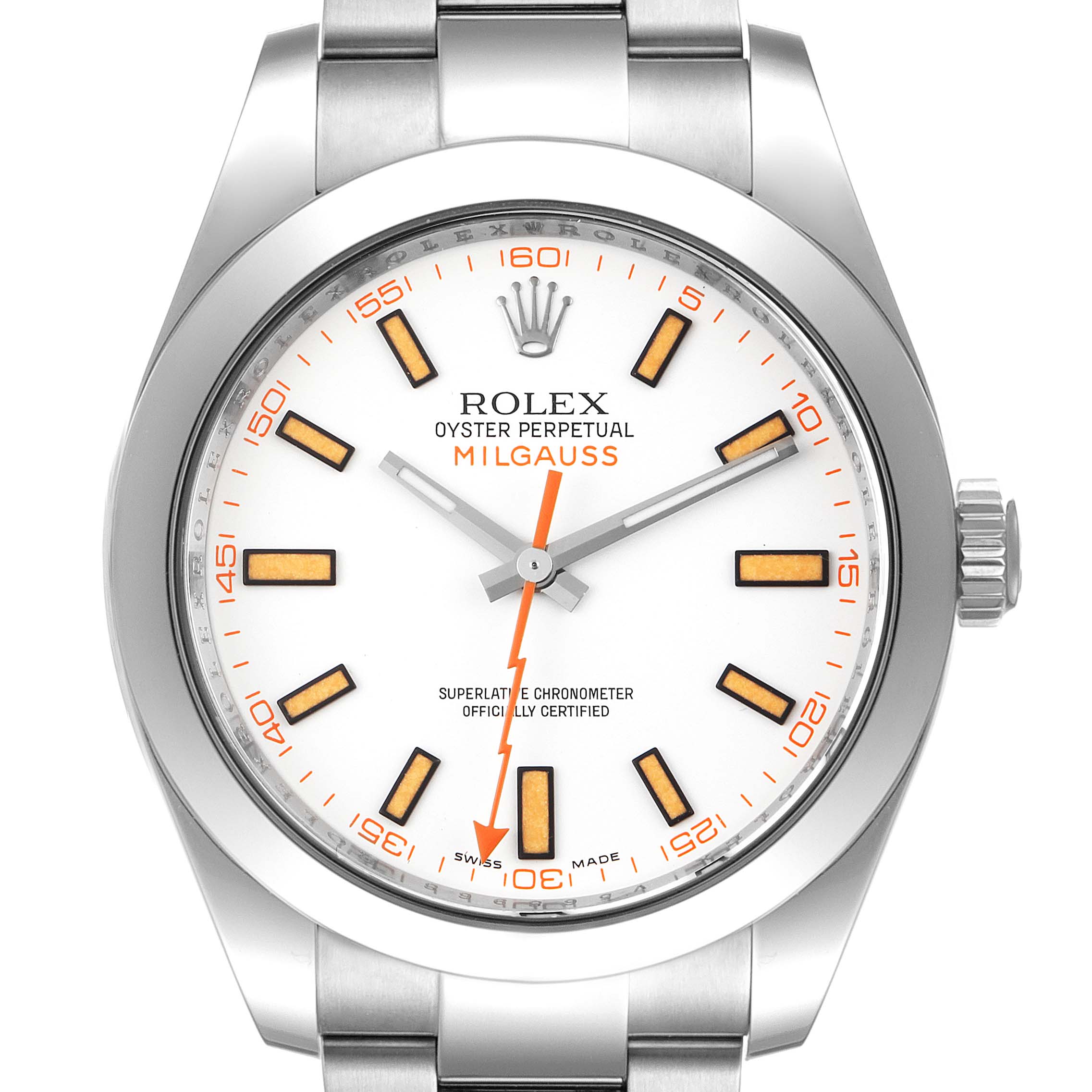 The image shows a front view of the Rolex Milgauss 116400 Men's Stainless Steel White Dial 116400 Men's Stainless Steel White Dial watch, highlighting the dial, hands, and part of the bracelet and crown.