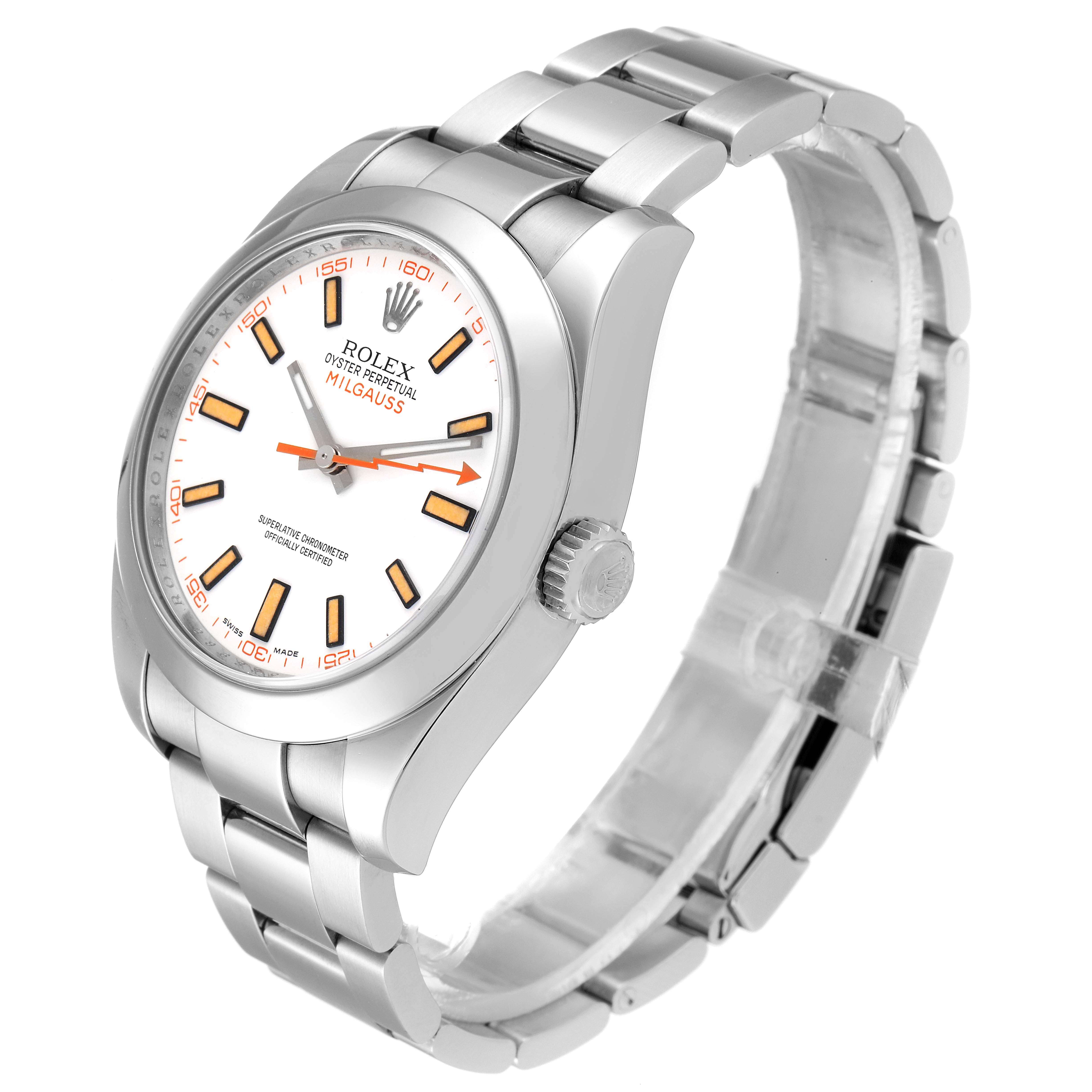The image shows a Rolex Milgauss 116400 Men's Stainless Steel White Dial 116400 Men's Stainless Steel White Dial watch at a three-quarter angle, highlighting the face, bezel, crown, and bracelet.